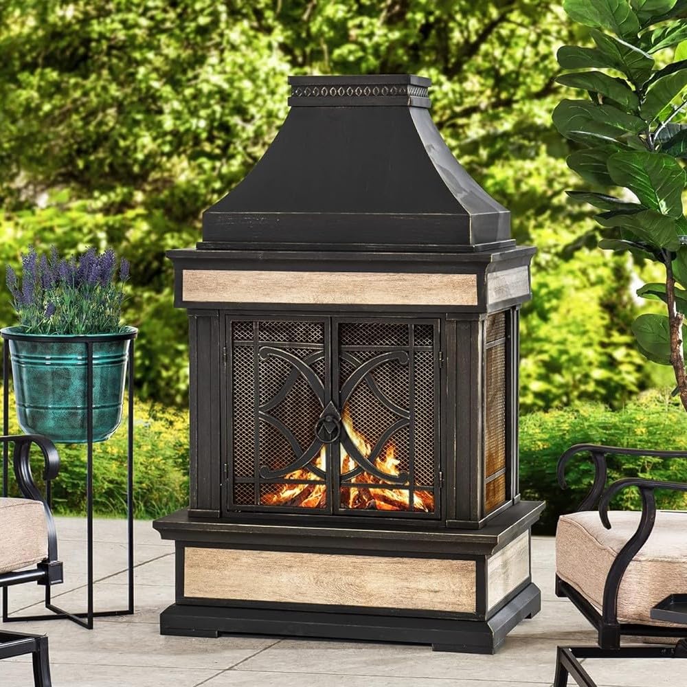 Outdoor Wood-Burning Fireplace with Chimney & Ceramic Tile