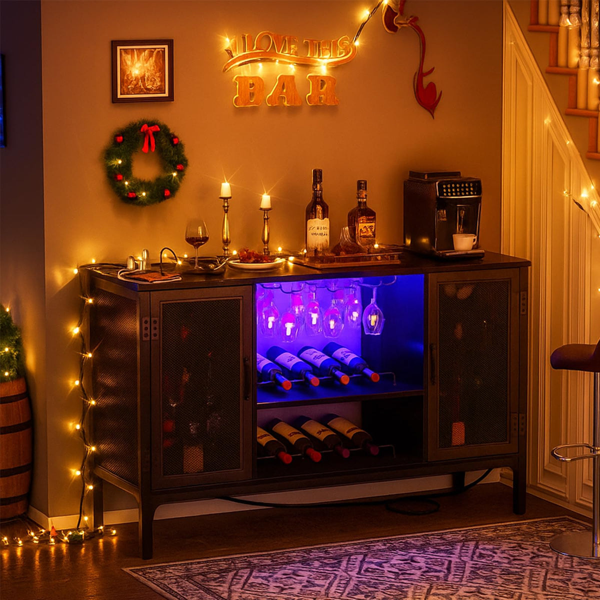 Homieasy Wine Bar Cabinet with Power Outlets & LED Lights, Black