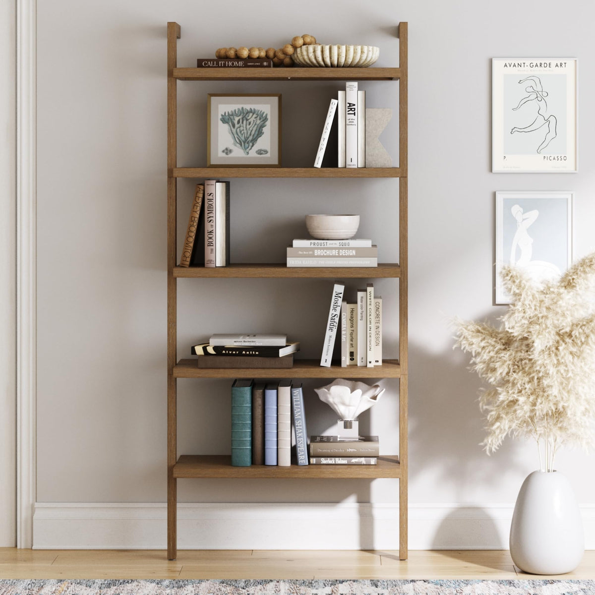 5-Tier Wall-Mounted Wood Bookcase