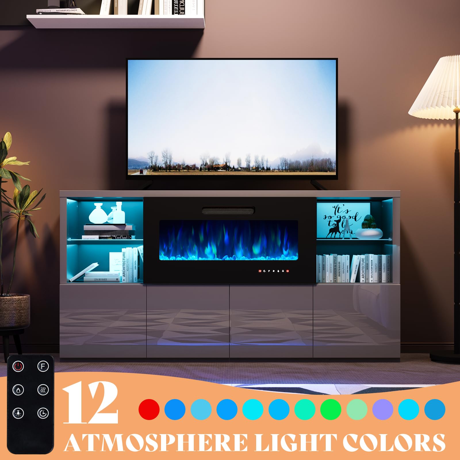 68" Fireplace TV Stand with LED Lights