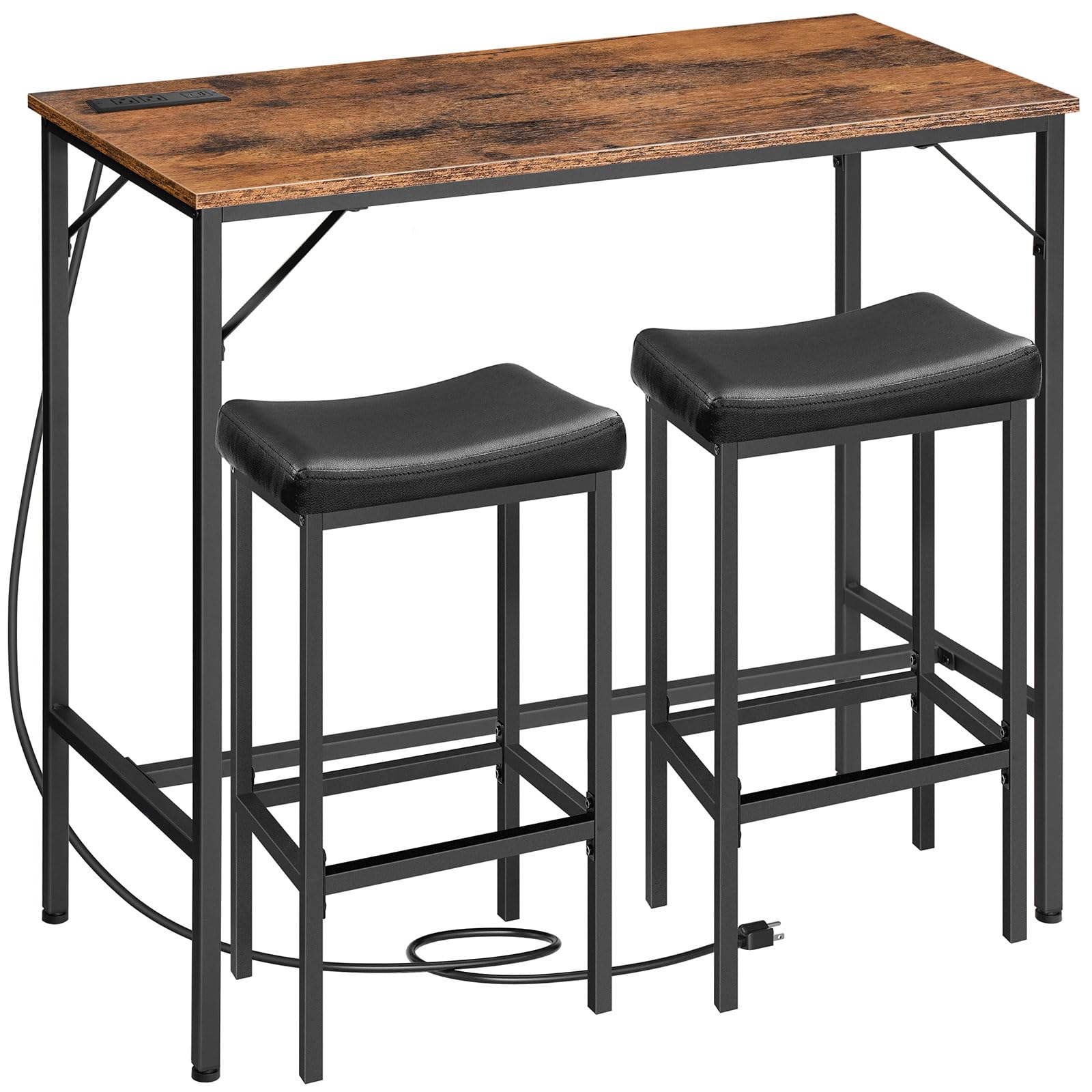 3-Piece Bar Table & Stools Set with Charging Station