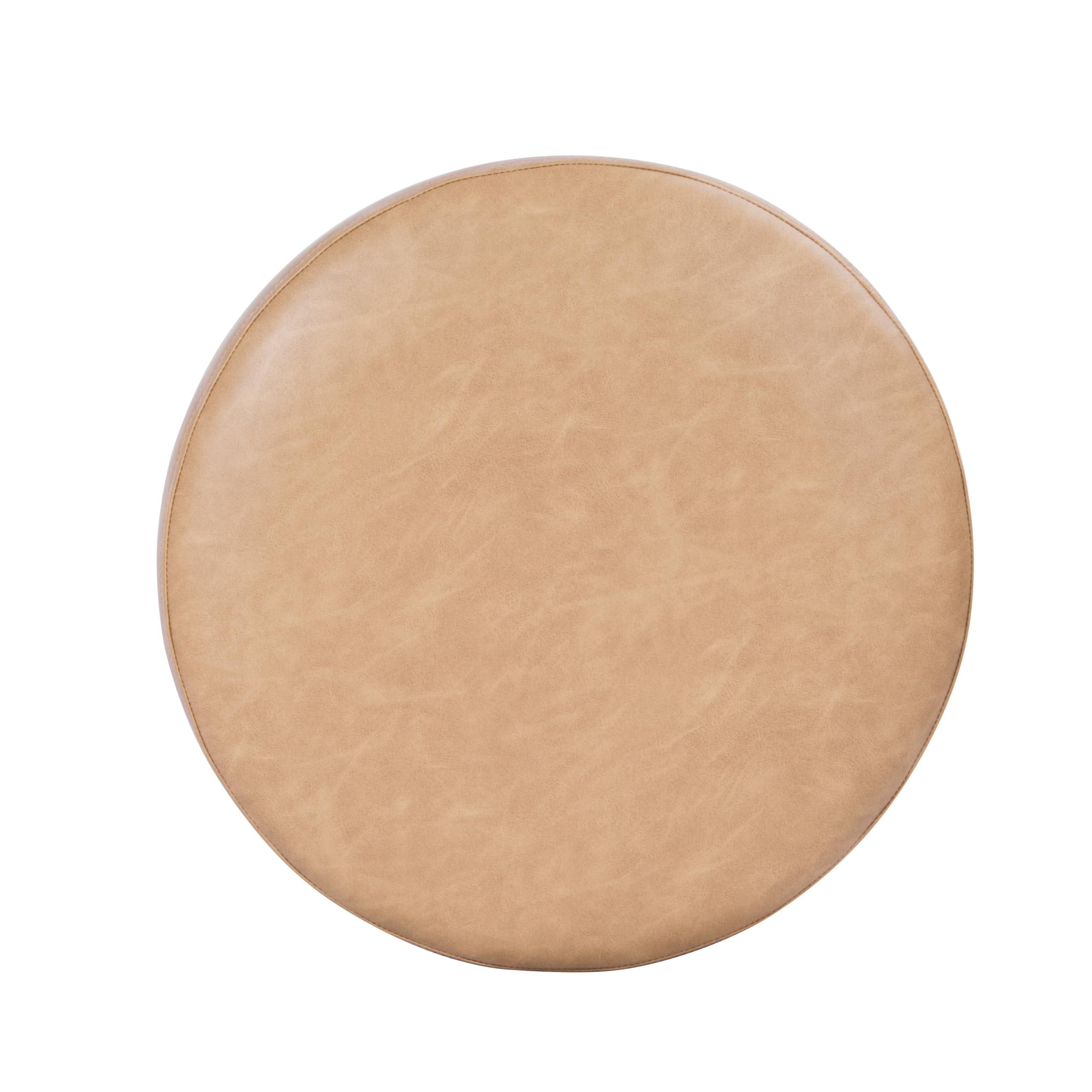 Spatial Order Faux Leather Ottoman with Wooden Base – 22” Round Upholstered Footrest, Sand Faux Leather, Modern Accent Stool for Living Room & Bedroom