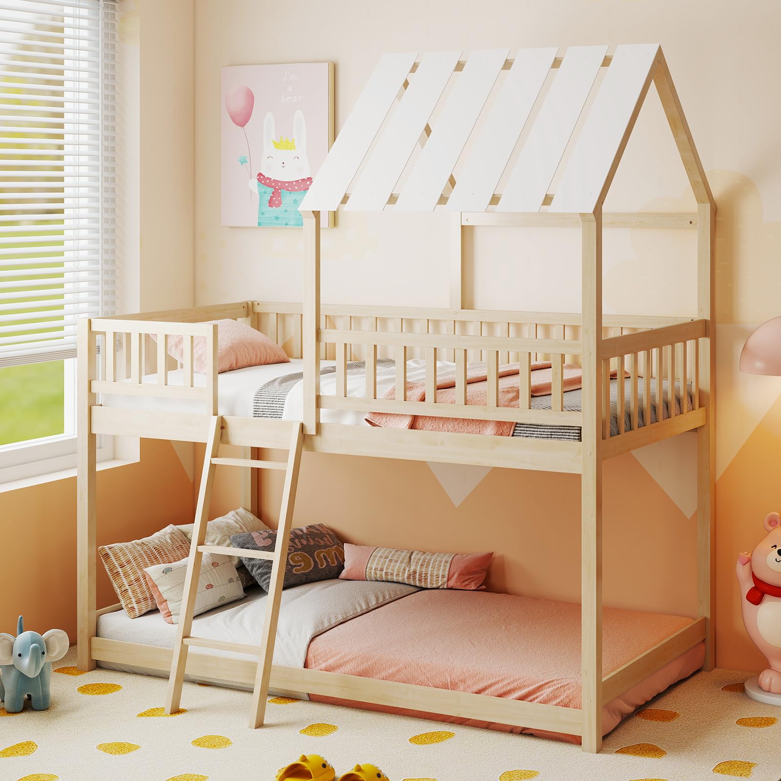 Twin Over Twin House Bunk Bed with Roof & Guardrails