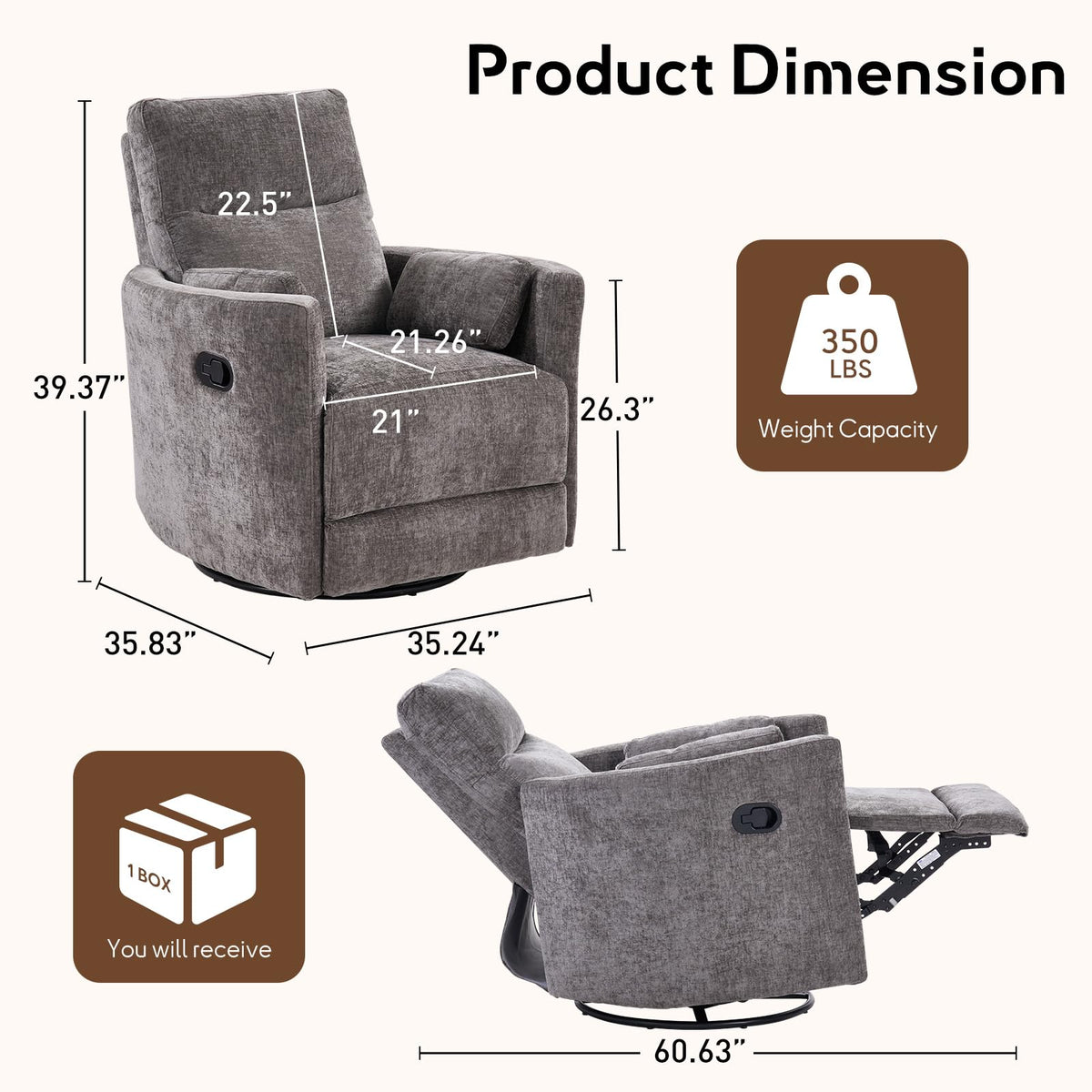 Bonzy Home Swivel Rocker Recliner Chair, Glider Rocker Recliner, Gray