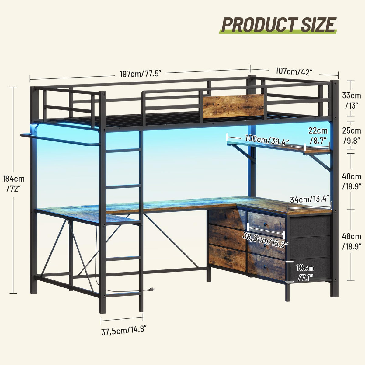 STHYTON Loft Bed Twin Size with Desk, 6 Storage Drawers & Power Outlet
