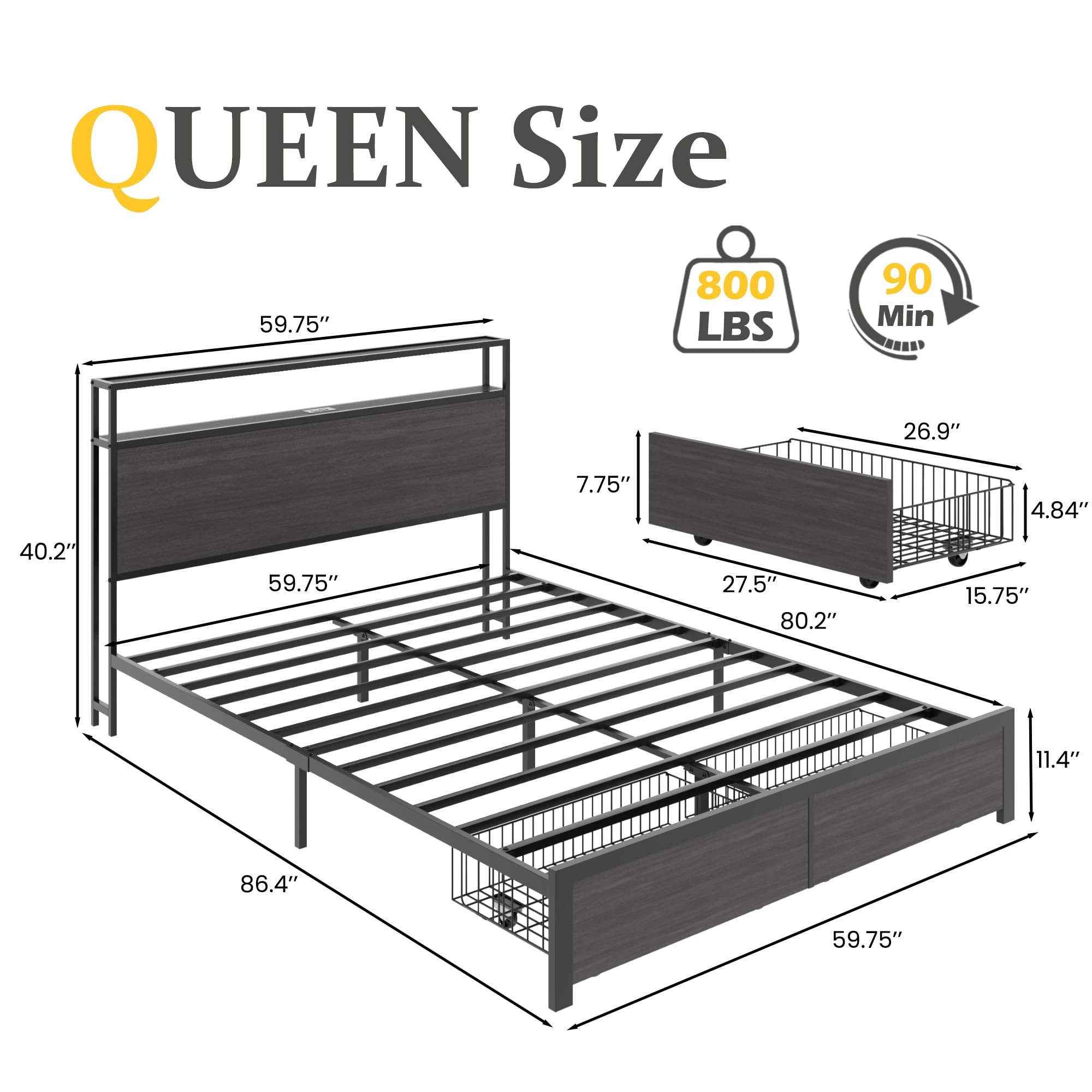 Lifezone Queen Bed Frame with 2-Tier Storage Headboard, Bedroom Metal Bed Frame with 2 Storage Drawers & Fast-Charging Station & LED, Noise-Free, No Box Spring Needed, Easy Assembly, Rustic Grey