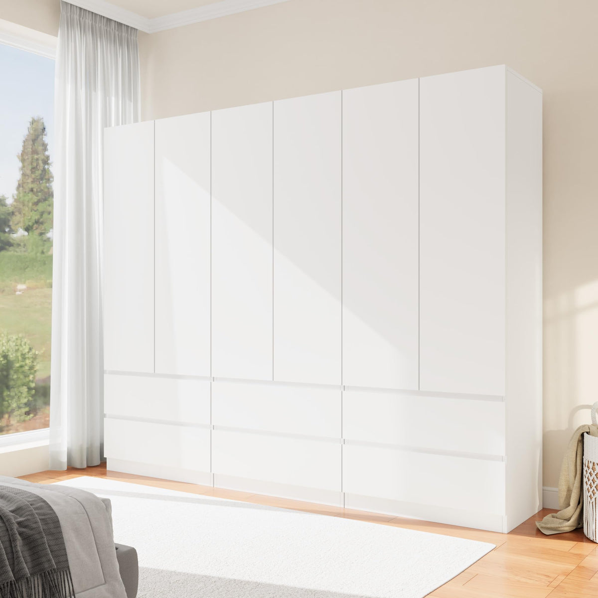 Jiaoun Armoire Wardrobe Closet with 6 Doors, Wooden Wardrobe Cabinet with 6 Drawers, Hanging Rod & Shelves, Freestanding Closets for Bedroom (White, 3)