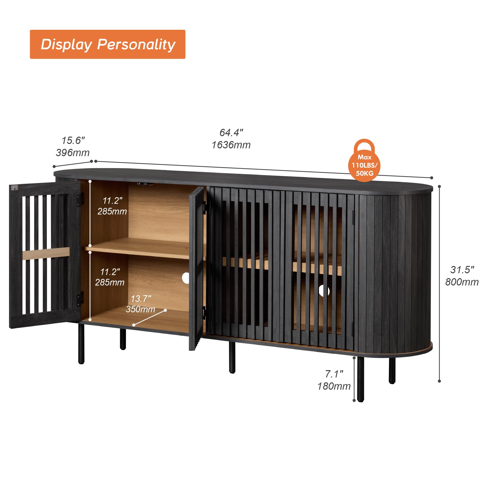 Fluted Sideboard Buffet Cabinet with 4 Doors