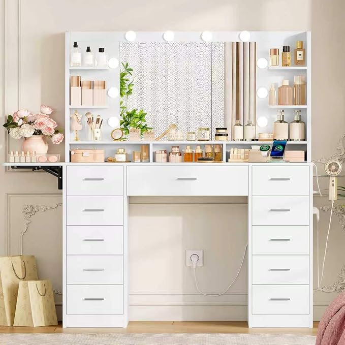 9-Drawer Vanity Desk with Lighted Mirror
