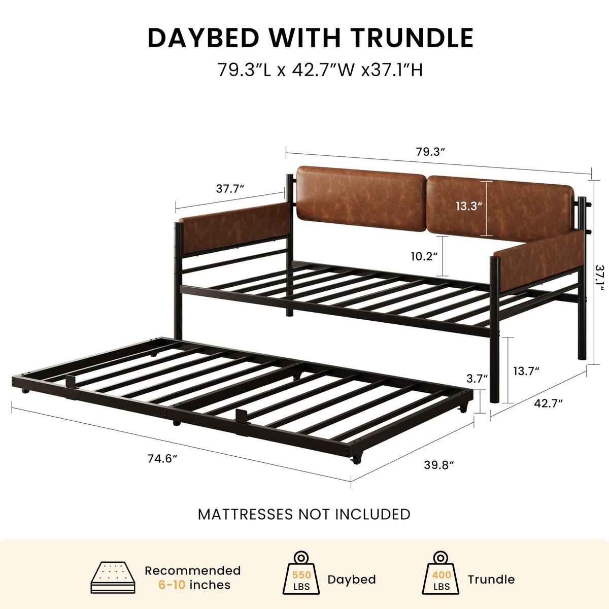 LIKIMIO Twin Upholstered Daybed with Pull Up Trundle, Brown