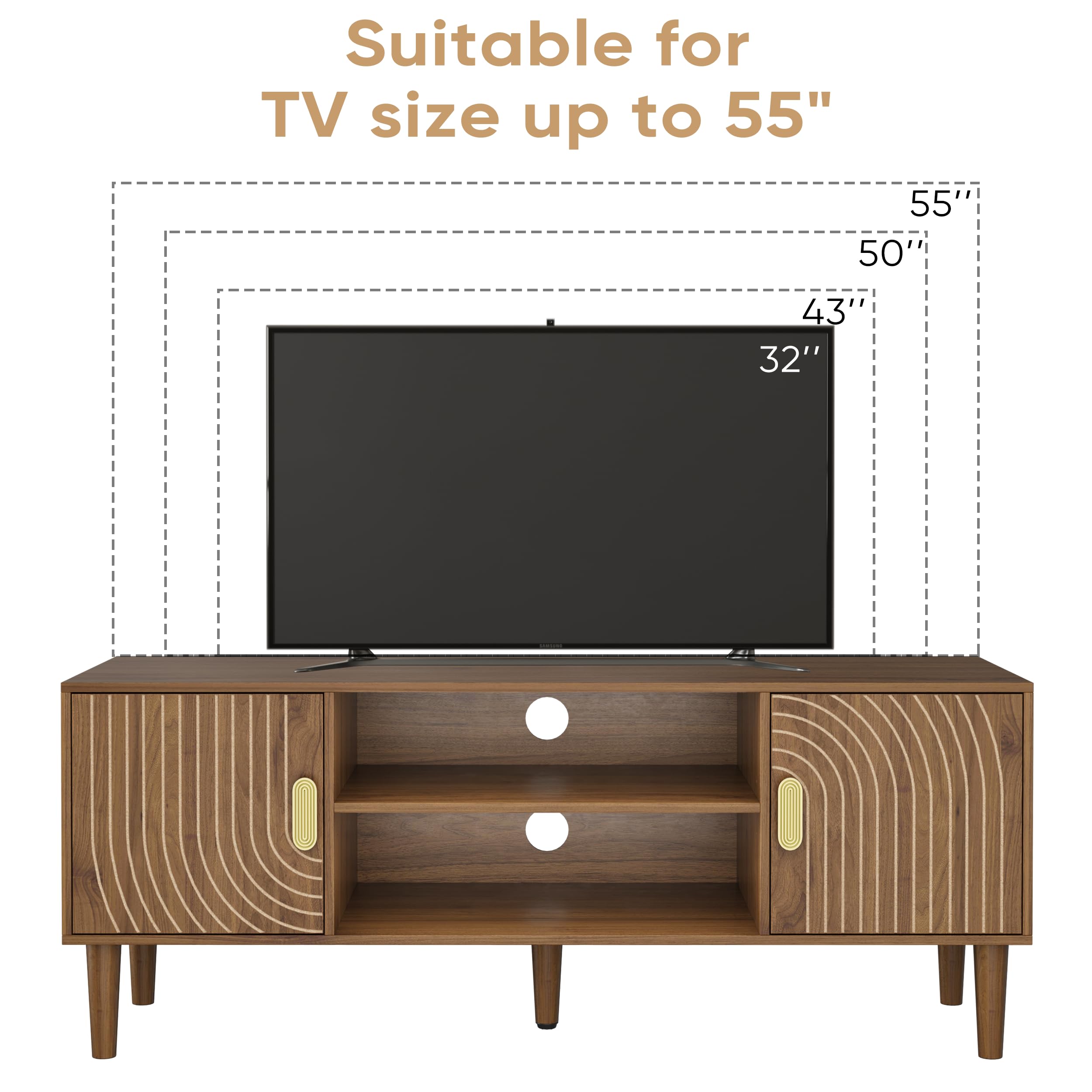 Smuxee Walnut TV Stand with Line Groove Design, 47.2" Mid Century Modern TV Media Console for TVs up to 55", TV Cabinet with Adjustable Shelf & 2 Cabinets for Living Room
