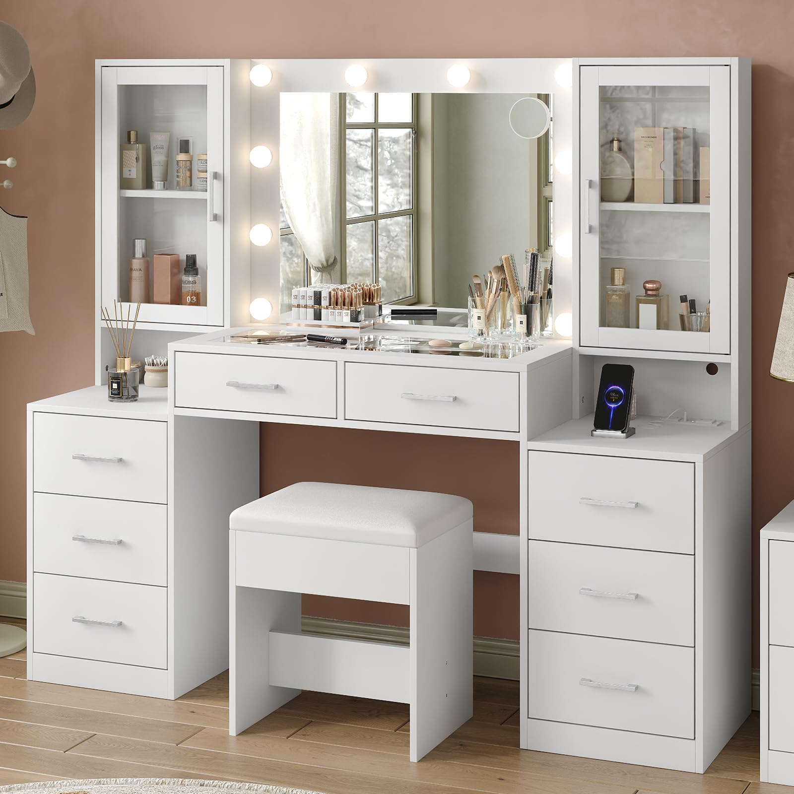 Yanosaku 59'' W Large Makeup Vanity Desk with Mirror and Lights, White Vanity with Power Outlet, 8 Drawers & 2 Cabinets, 3 Lighting Modes Brightness Adjustable, Glass Top Vanity with Chair for Bedroom