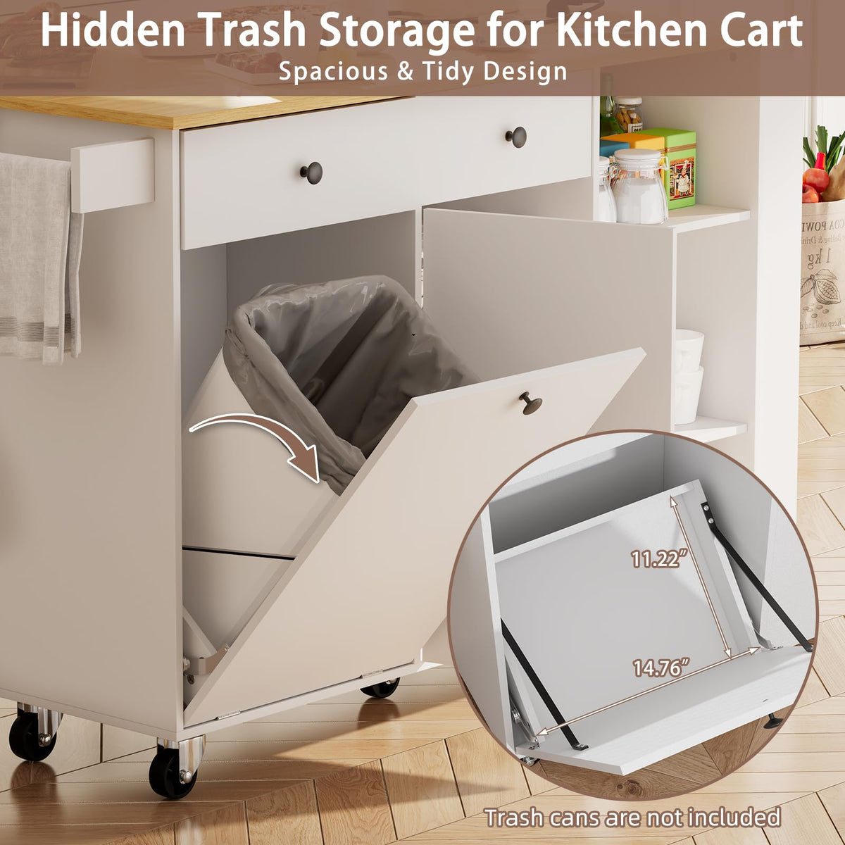 OAKANDO 60" Kitchen Island cart with Storage，Kitchen Island with Folding Drop Leaf & Power Outlet-Rolling,Towel Rack, 2 Drawers-Island Table for Kitchen with Trash Storage Cabinet