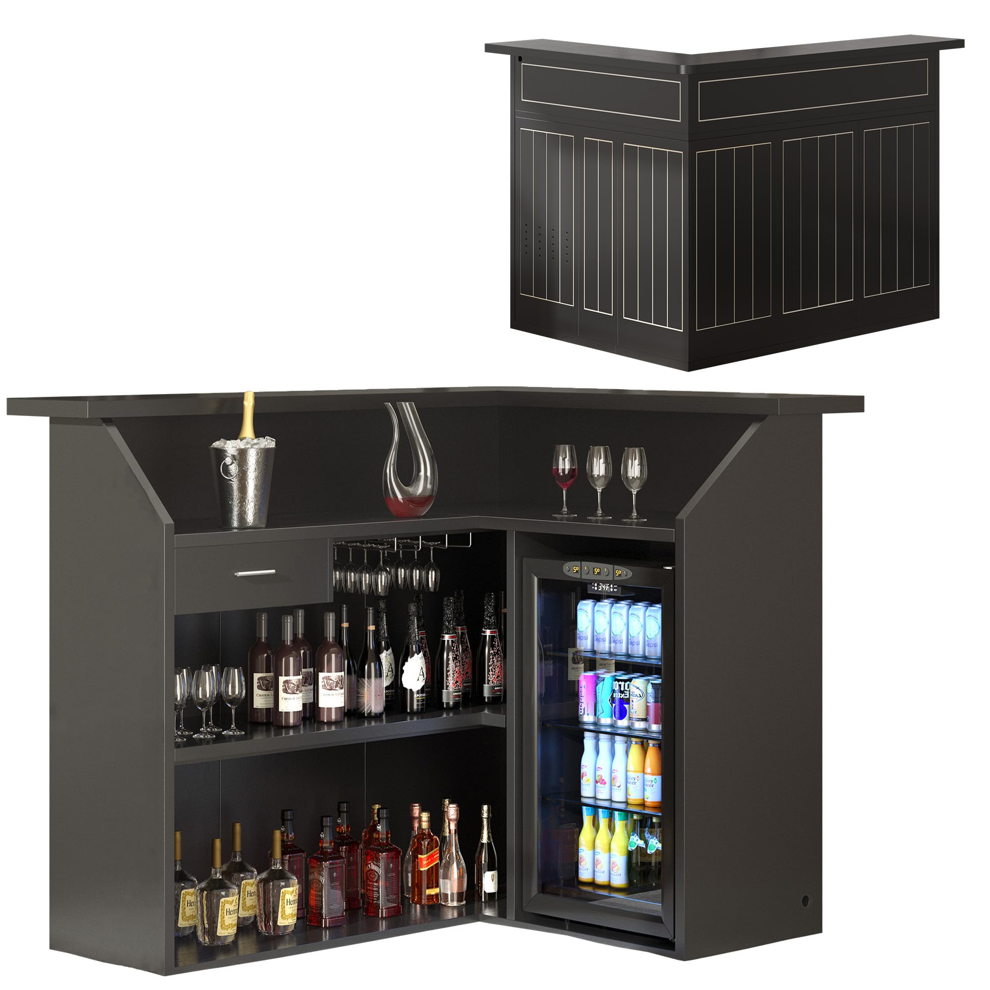 VAXZOFI L-Shape Home Bar Unit with Fridge Space & LED, Modern Liquor Wine Cabinet with Power Outlet, Wine Glass Holder, Mini Bar Table with Storage for Living Room, Basement, Home Pub, Black