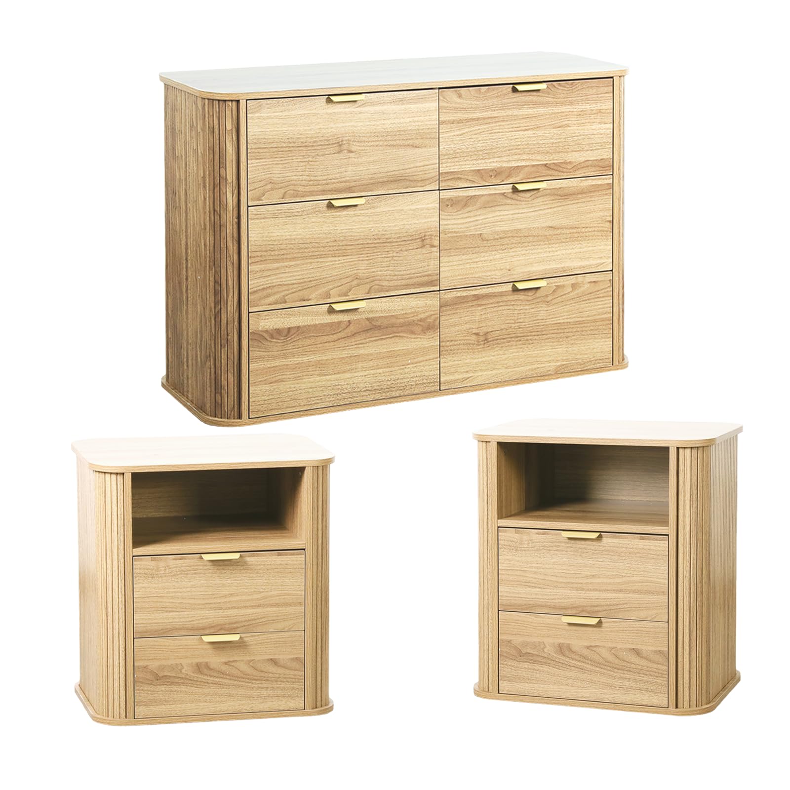 3-Piece Fluted Bedroom Set – 6-Drawer Dresser & 2 Nightstands