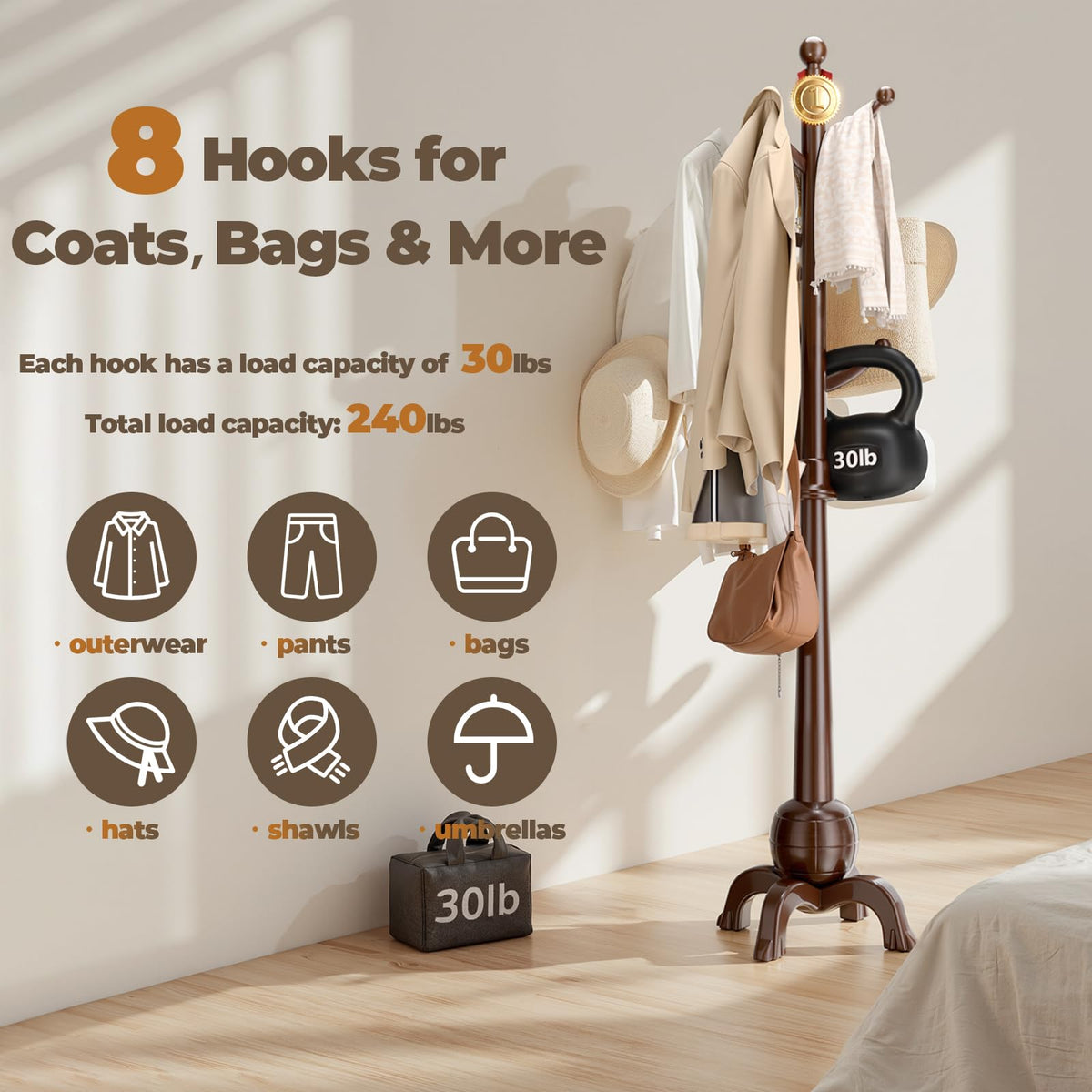 8-Hook Solid Wood Coat Rack