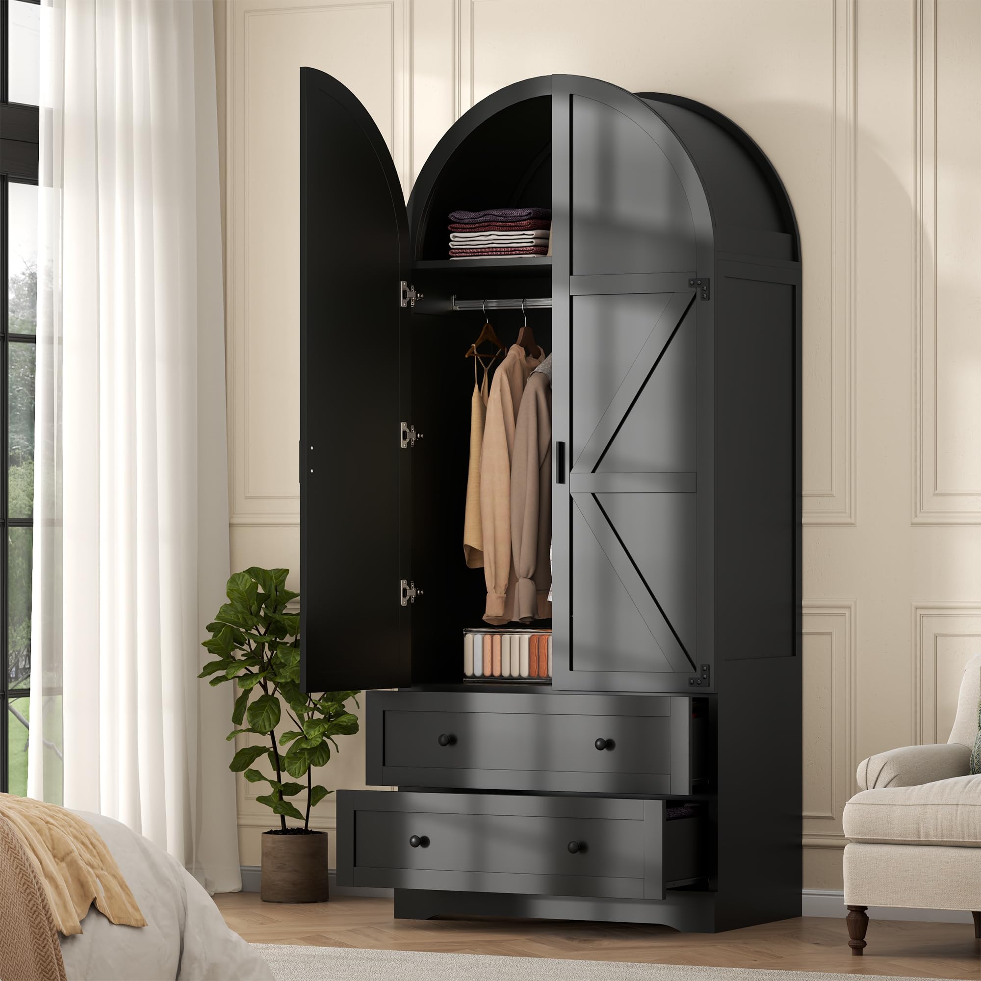 Gyfimoie Black Armoire Wardrobe Closet with 2 Drawers, 74.8" Wooden Wardrobe with 2 Doors, Freestanding Closet Armoire Cabinet with Hanging Rack, Clothing Storage Cabinet for Bedroom (Black)