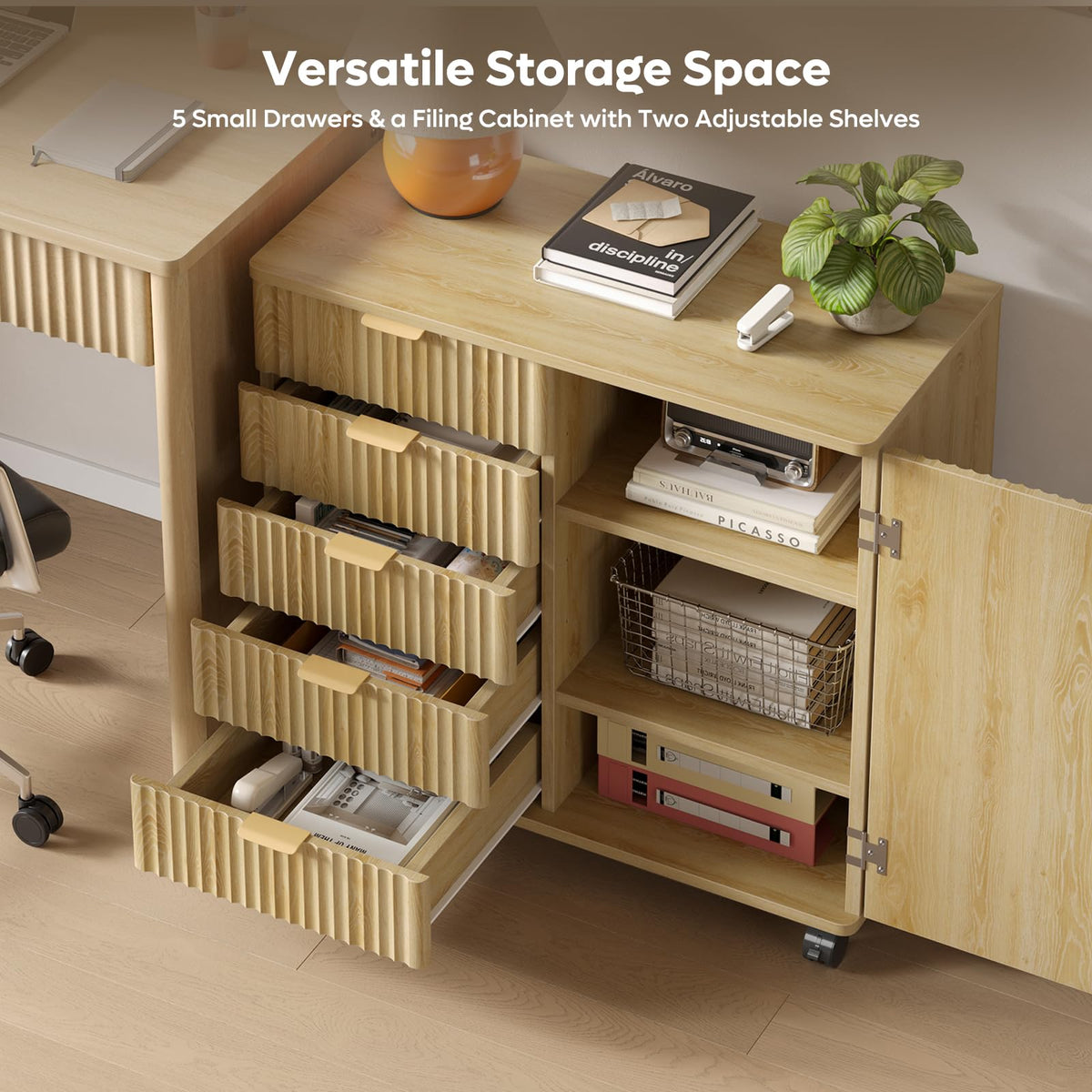 Fluted 5-Drawer Rolling File Cabinet