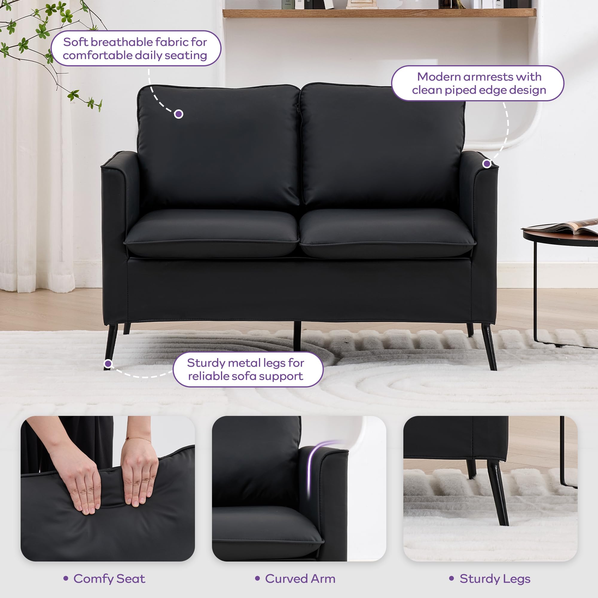 TYBOATLE Faux Leather Loveseat and Accent Chair, Comfy Love Seat Sofa and Chair Set with 2 Pillows, Mid-Century Modern 2 Seat Couches for Small Spaces, 2 Pieces Living Room Furniture Sets (3, Black)