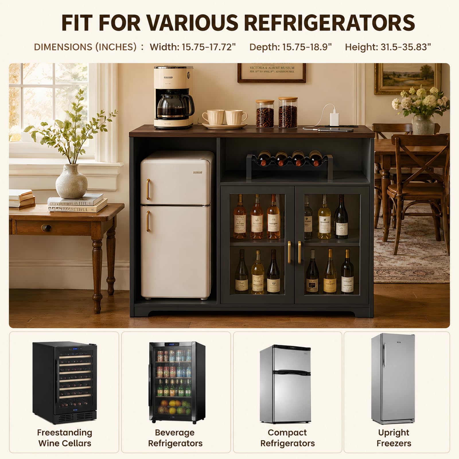 Wine Bar Cabinet with LED Light & Power Outlets, Coffee Bar Cabinet With Fridge Space, MDF Liquor Cabinet with Wine Rack, Glass Holder, Aluminum Alloy Handle, Mini Bar For Home, Kitchen (Black)