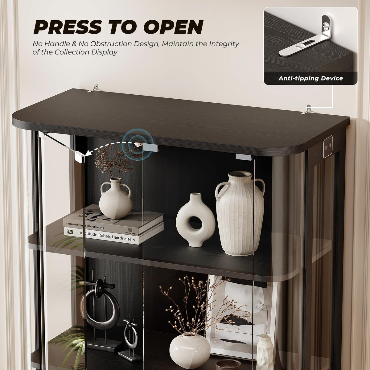 BROTTAR 3-Tier Rounded Display Cabinet with Lights&Human Body Sensor Black