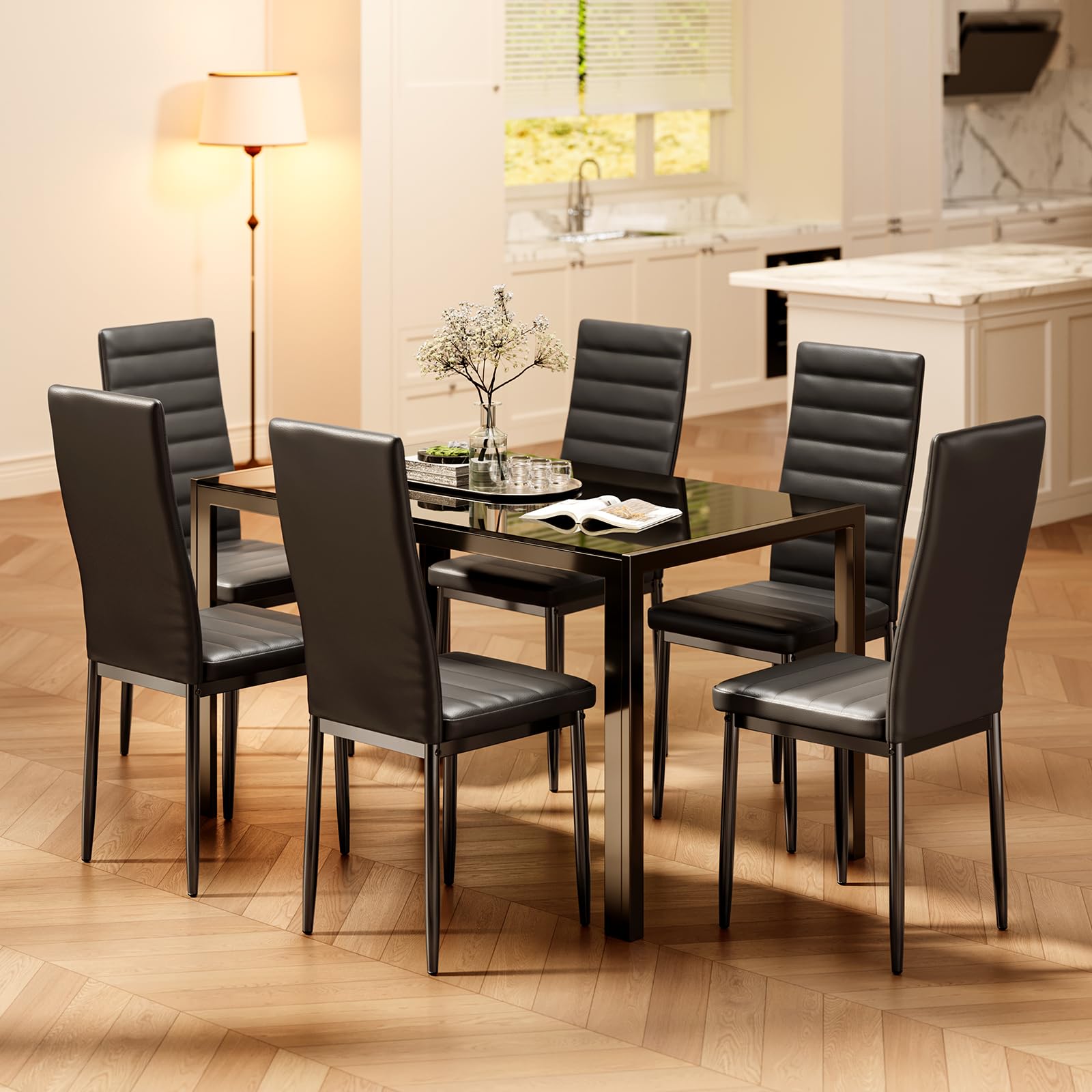 7-Piece Tempered Glass Dining Table Set for 6