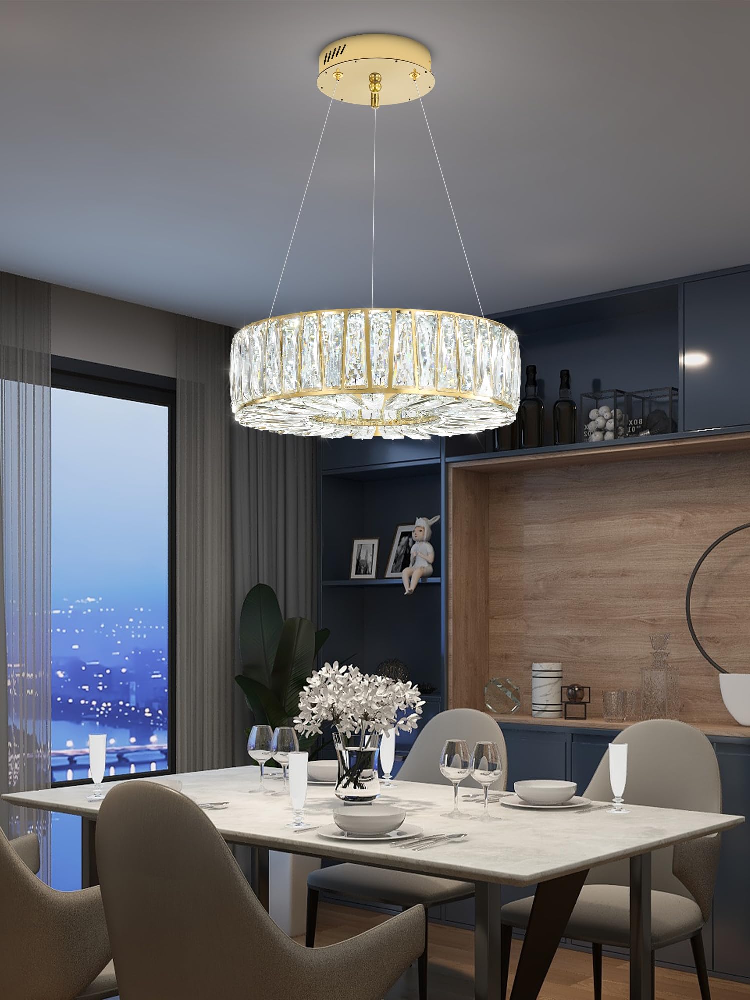 WOSOHYUN 16in Gold Ring Crystal Chandeliers for Dining Room Modern LED Dimmable Ring Pendant Light Chandelier for Living Room Bedroom