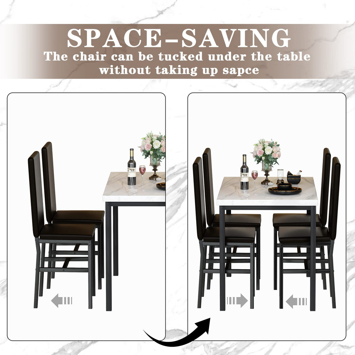 Hooseng 5-Piece Dining Table Set for 4 with Faux Marble Top & Velvet Chairs, Space Saving Modern Kitchen Table Set for Small Spaces, Apartments