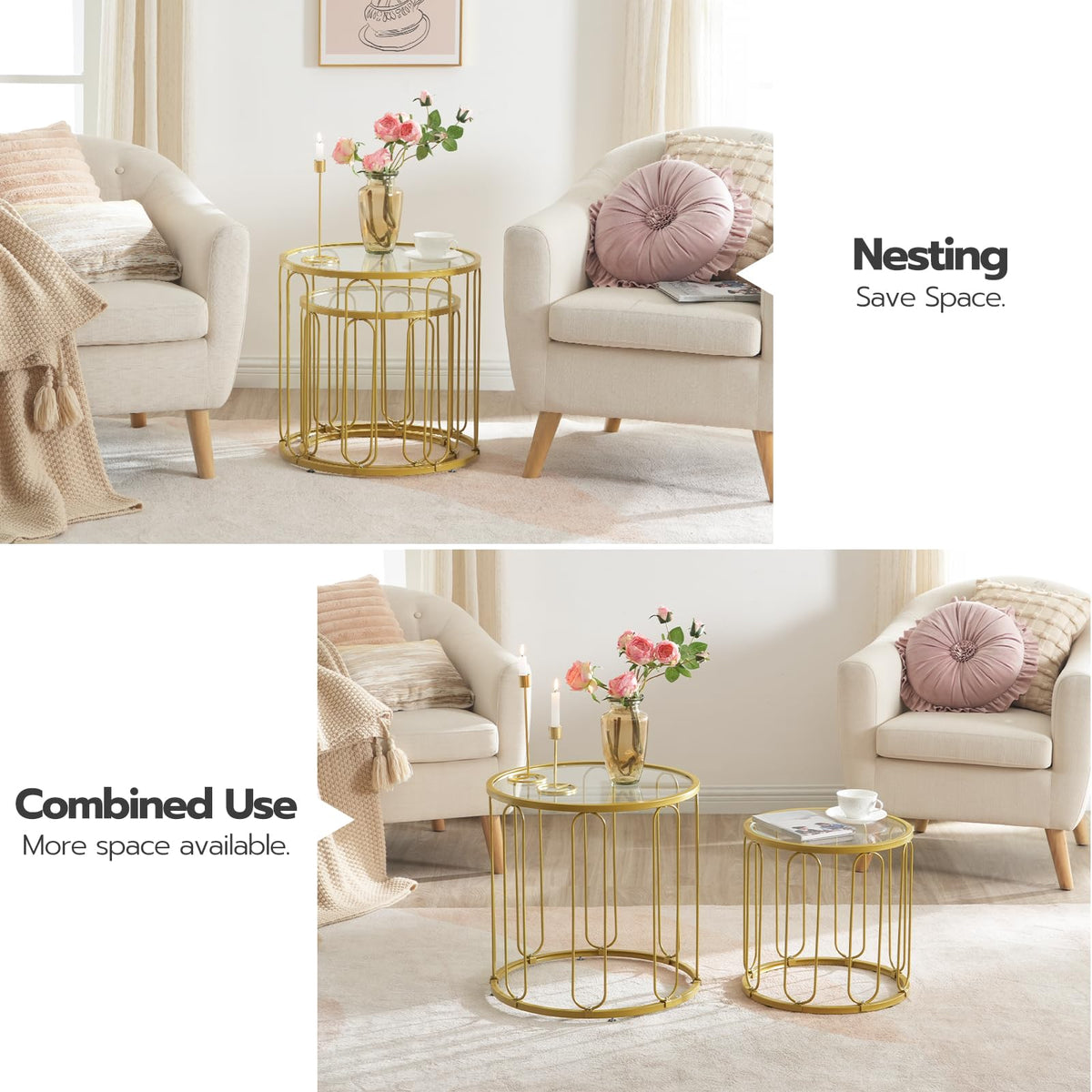 HOOBRO Small Coffee Table Set of 2, Gold Accent End Table with Metal Frame