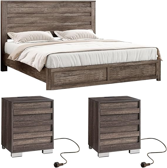 Farmhouse Platform Bed Frame & Nightstand Set of 2 with Charging Station