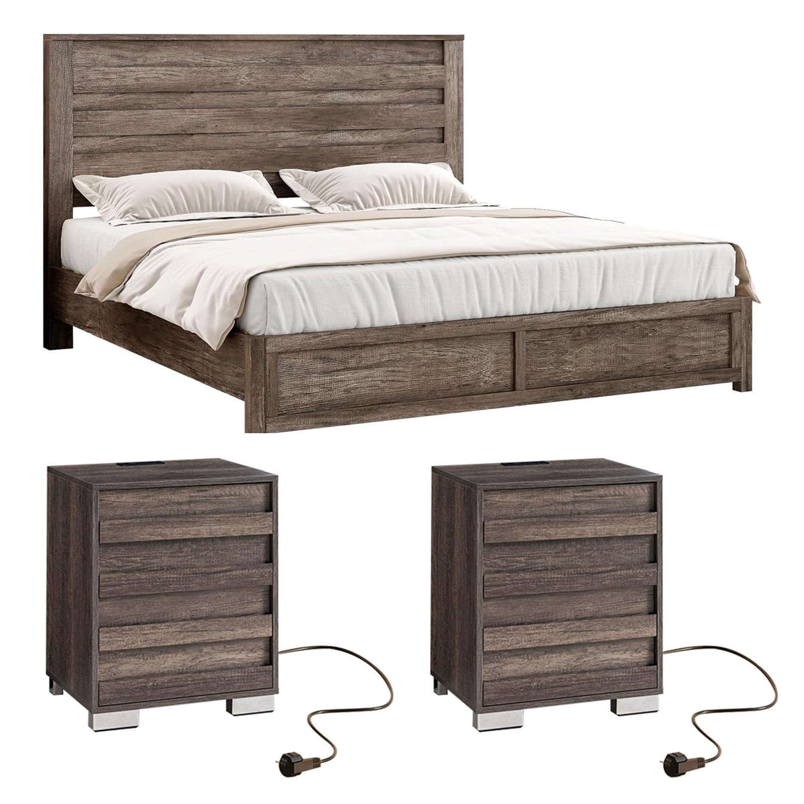LUXOAK 3 Pcs Bedroom Furniture Sets,Includes Farmhouse Full Size Bed Frame with 49" Tall Headboard and Nightstand Sets of 2 with Charging Station, Slated Handles & Stainless Steel Feet, Rustic Grey