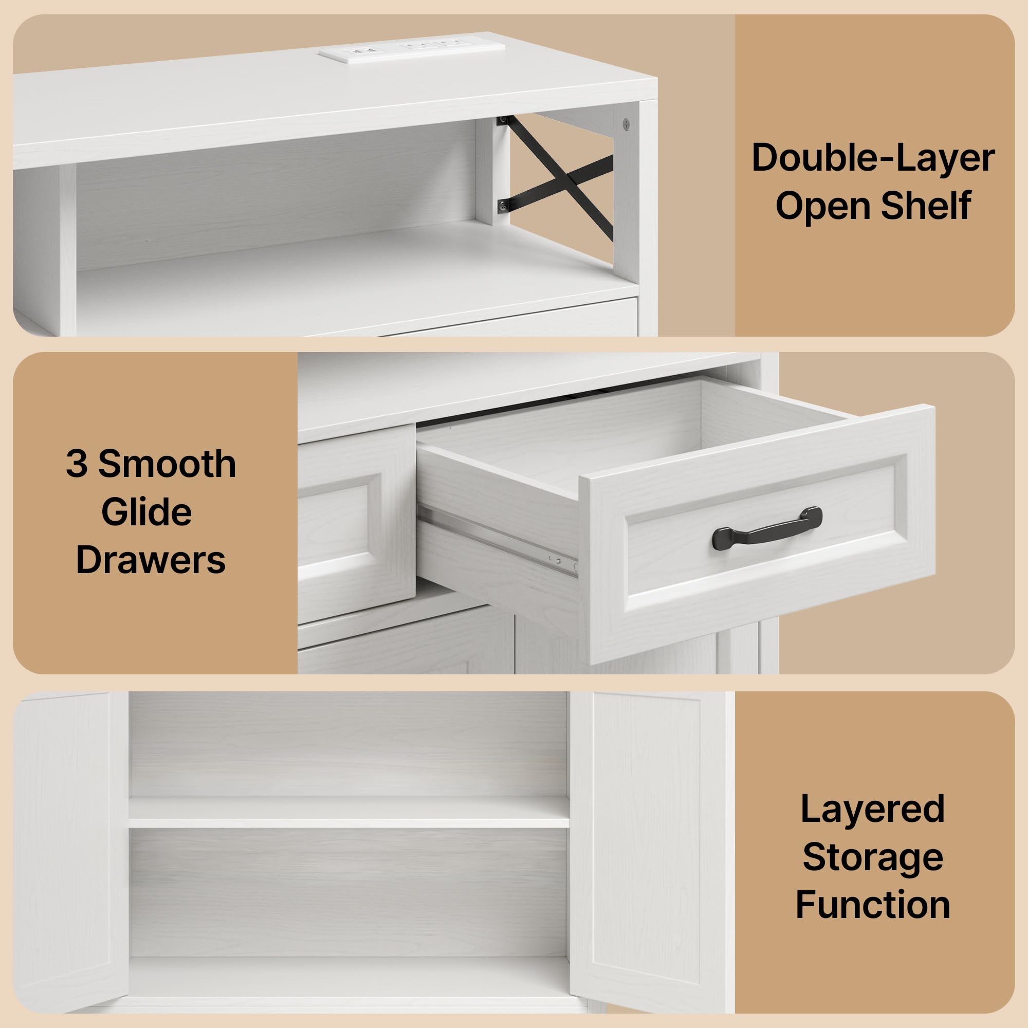 Ahomly 51" Buffet Cabinet with Adjustable Storage, Charging Port - 3 Drawers & 4 Doors Large Sideboard, Multi - Scene Coffee Bar/Microwave Stand for Kitchen,Living Room,Entryway（White）