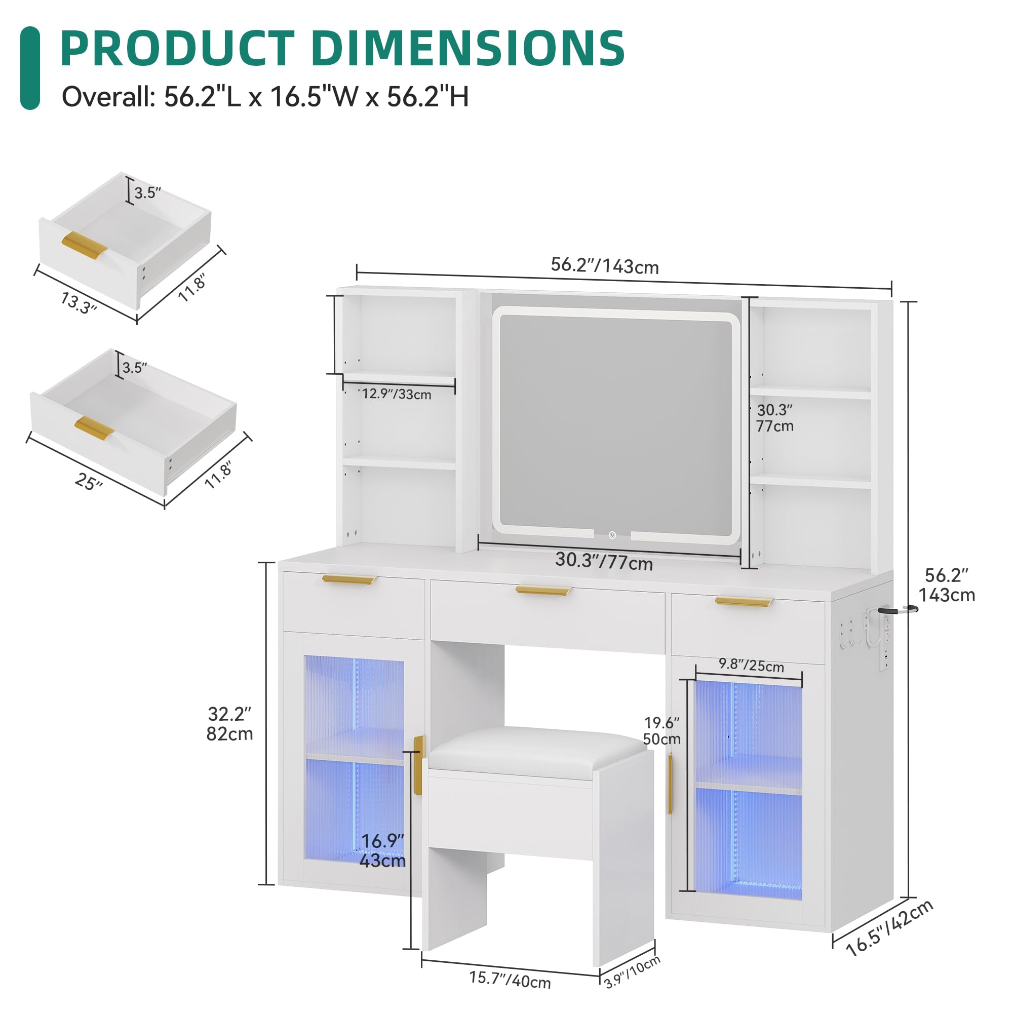 LED Vanity Desk with Tri-Fold Mirror & Lights, 3 Drawers