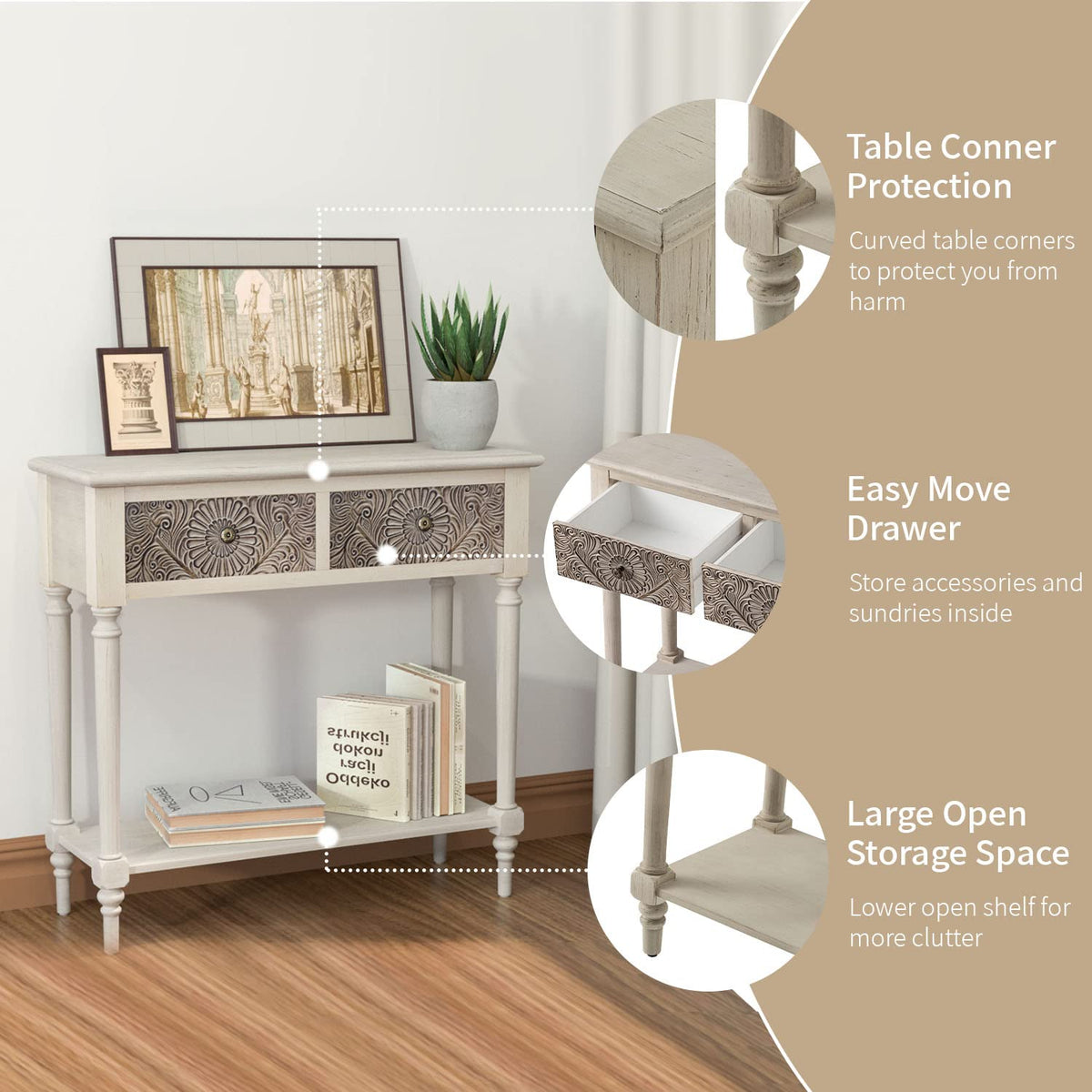 SUNBURY 31.5" Vintage Entryway Console Table, 2 Drawers, Beige