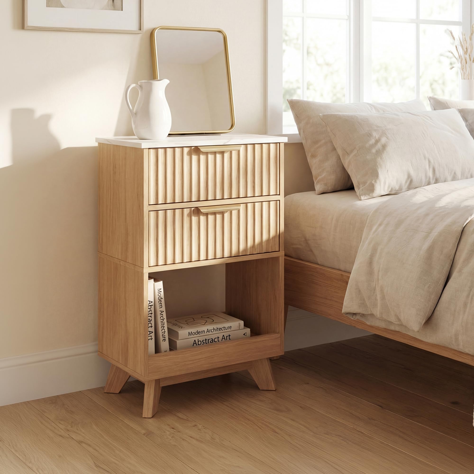 Fluted Tall Nightstand Set of 2 with Charging Station & Storage Drawers