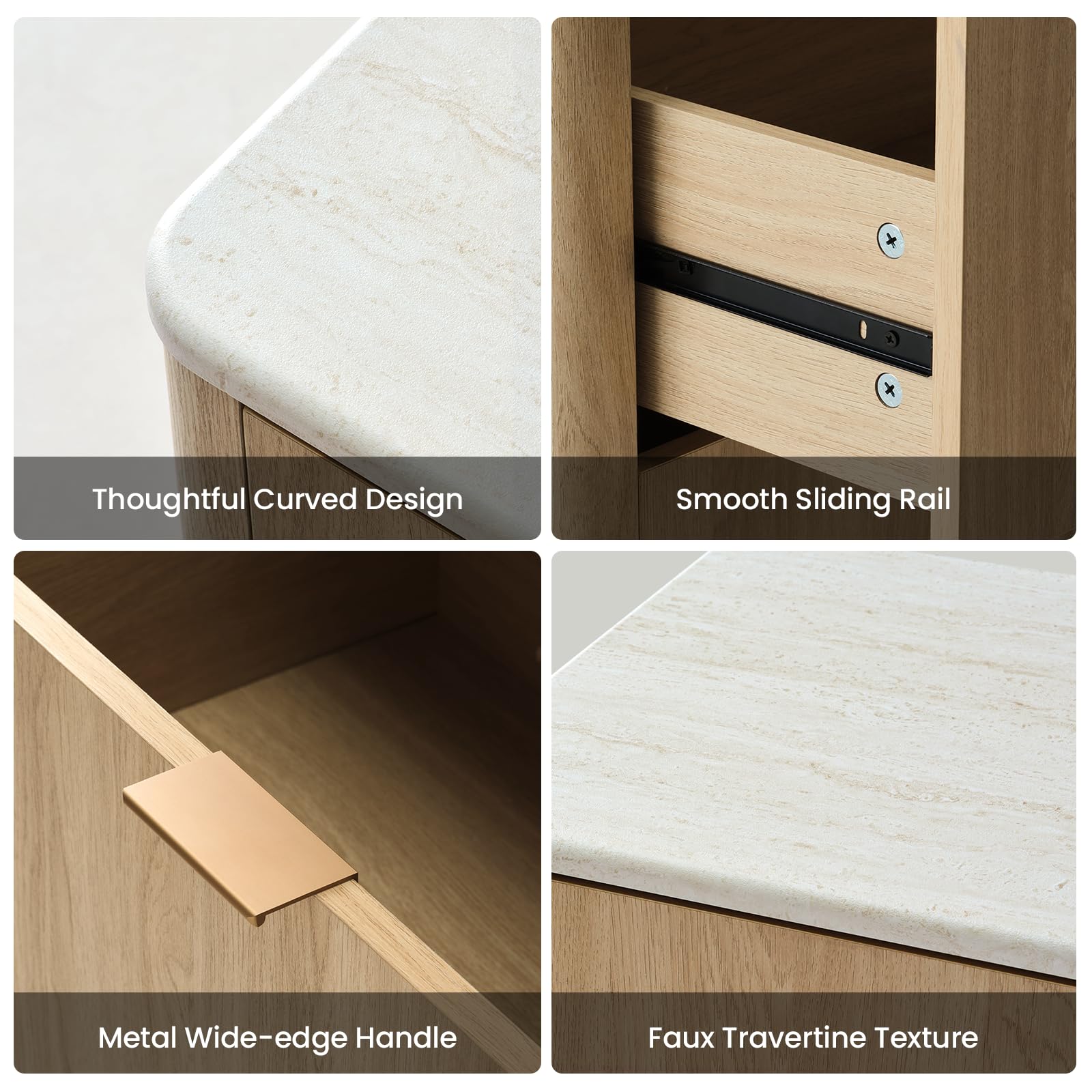 Nightstand Set of 2 with Drawers, Faux Travertine Top