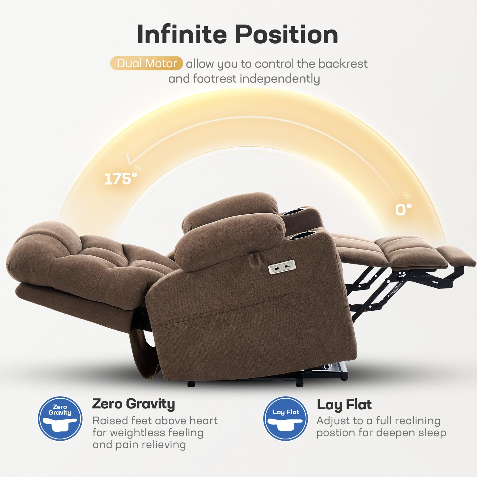 Tami Tami Dual Motor Power Lift Chair Recliner for Elderly with Massage and Heat, Infinite Position Electric Lift Recliner with USB A&C, Cup Holders (T6012 - Linen Fabric, Brown, Medium)