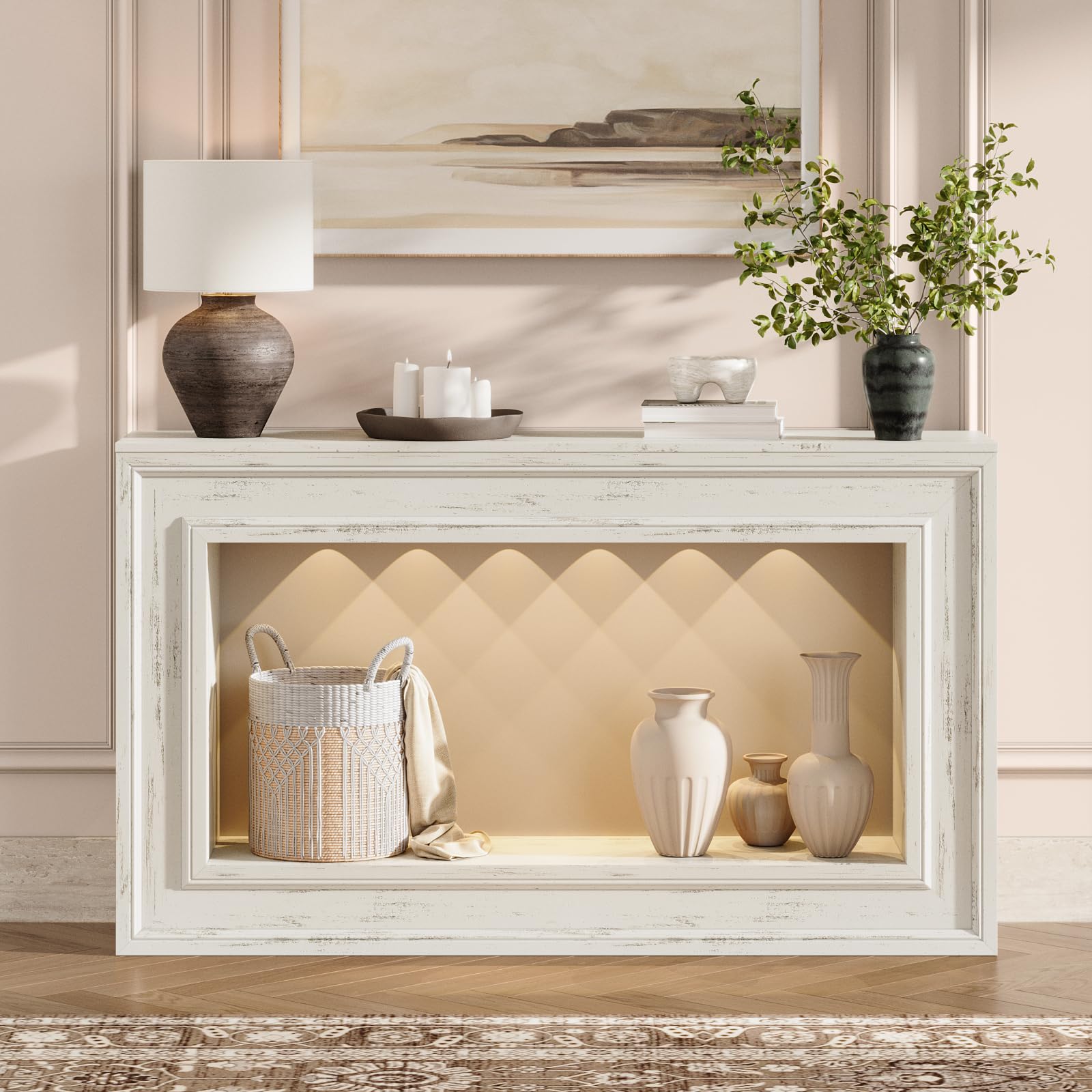 Rresyet 55" Long Console Tables with LED Lights, Narrow Console Tables for Entryway, 2-Tier Table Behind The Sofa, Modern Hallway Accent Table for Living Rooms, Corridors, and Foyers(White)