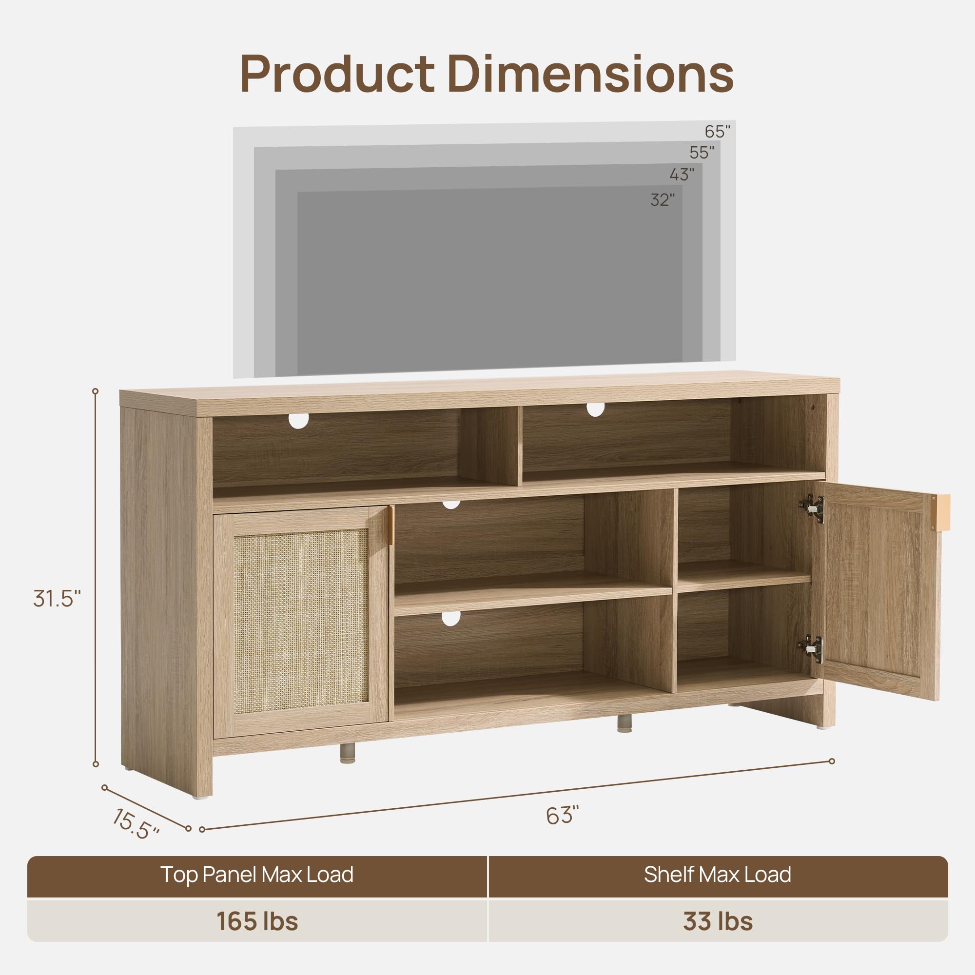 63" Rattan TV Stand with Storage & Doors