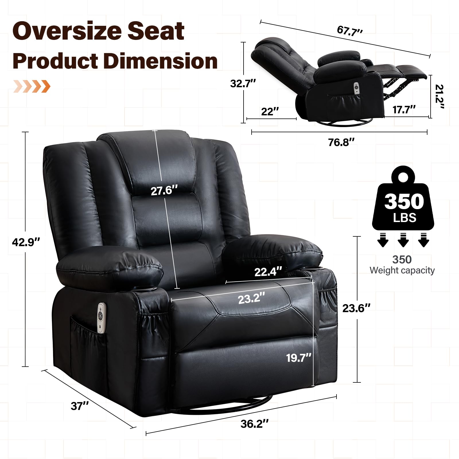 MAHOMICO Swivel Rocker Recliner Chair with Vibration Massage and Heat for Living Room,with Rocking Function and Side Pocket, PU Leather USB Charge Port,2 Cup Holders