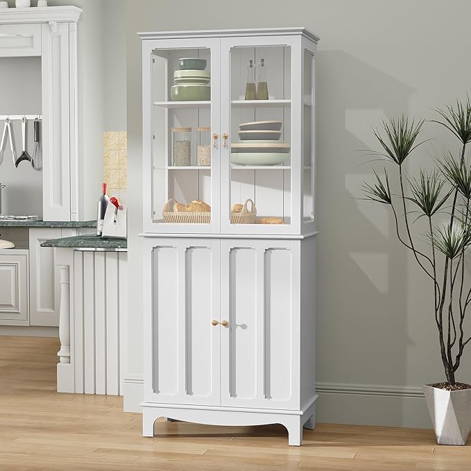 Glass Door Kitchen Pantry Cabinet with Adjustable Shelves
