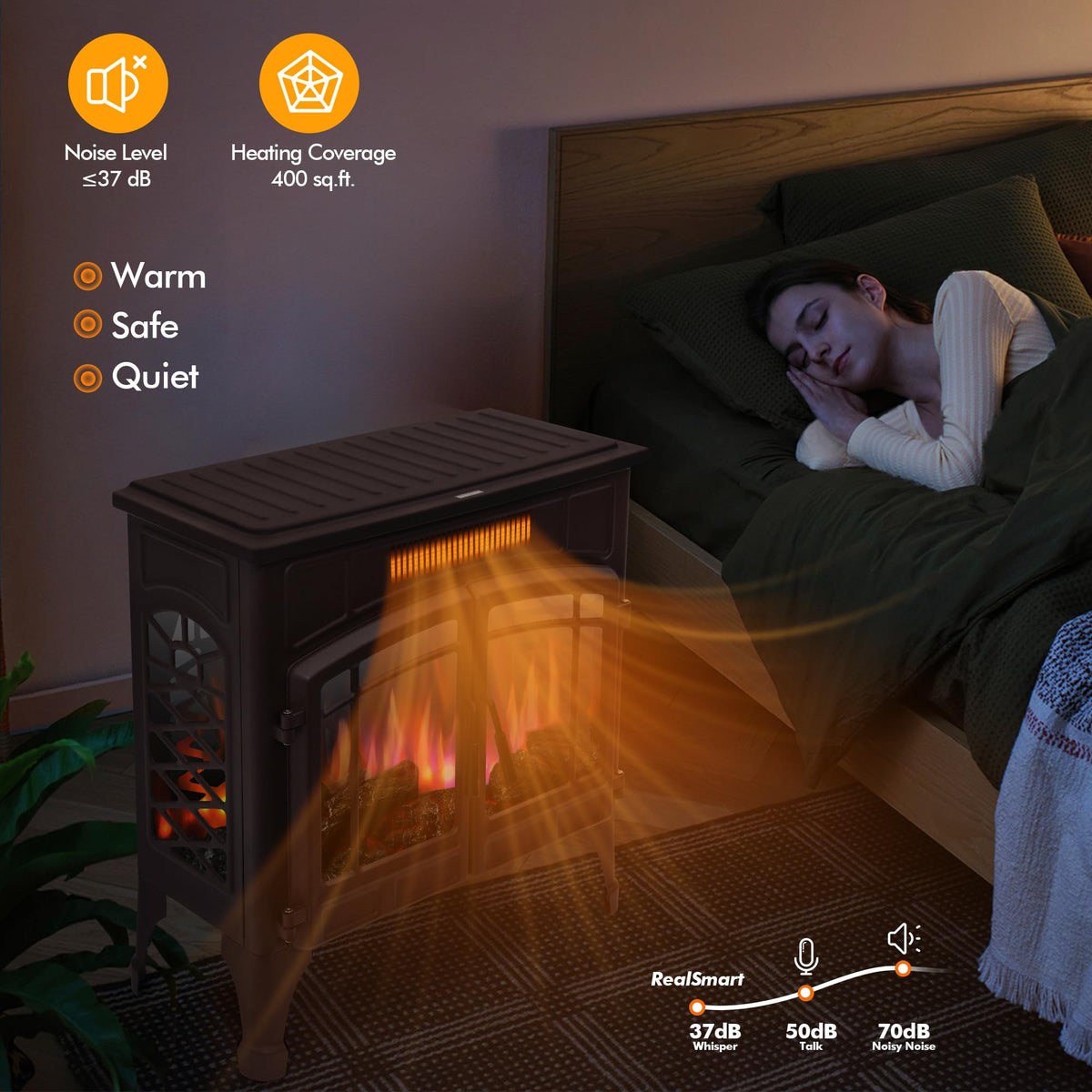 RealSmart Electric Fireplace Heater, 25“ Freestanding Stove Heater with 3D Realistic Flame Effect, Fireplace Stove Overheat Safety Protection for Indoor Use Bedroom,750W 1500W Retro Brown