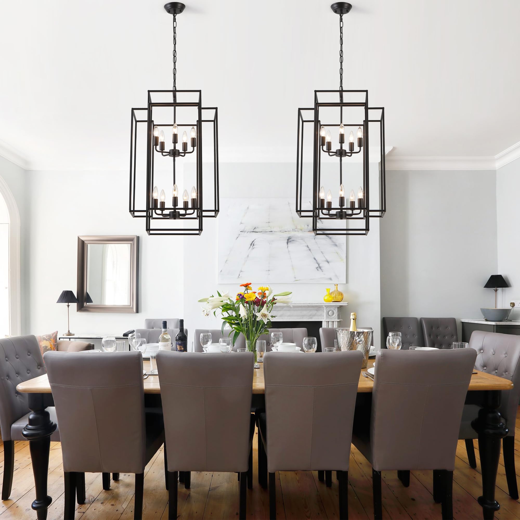 Xuridongsheng Large Lantern Chandelier for Entryway Foyer, 2-Tier Matte Black Cage Chandelier, 10-Light Hanging Light Fixture for High Ceiling Staircase Living Room