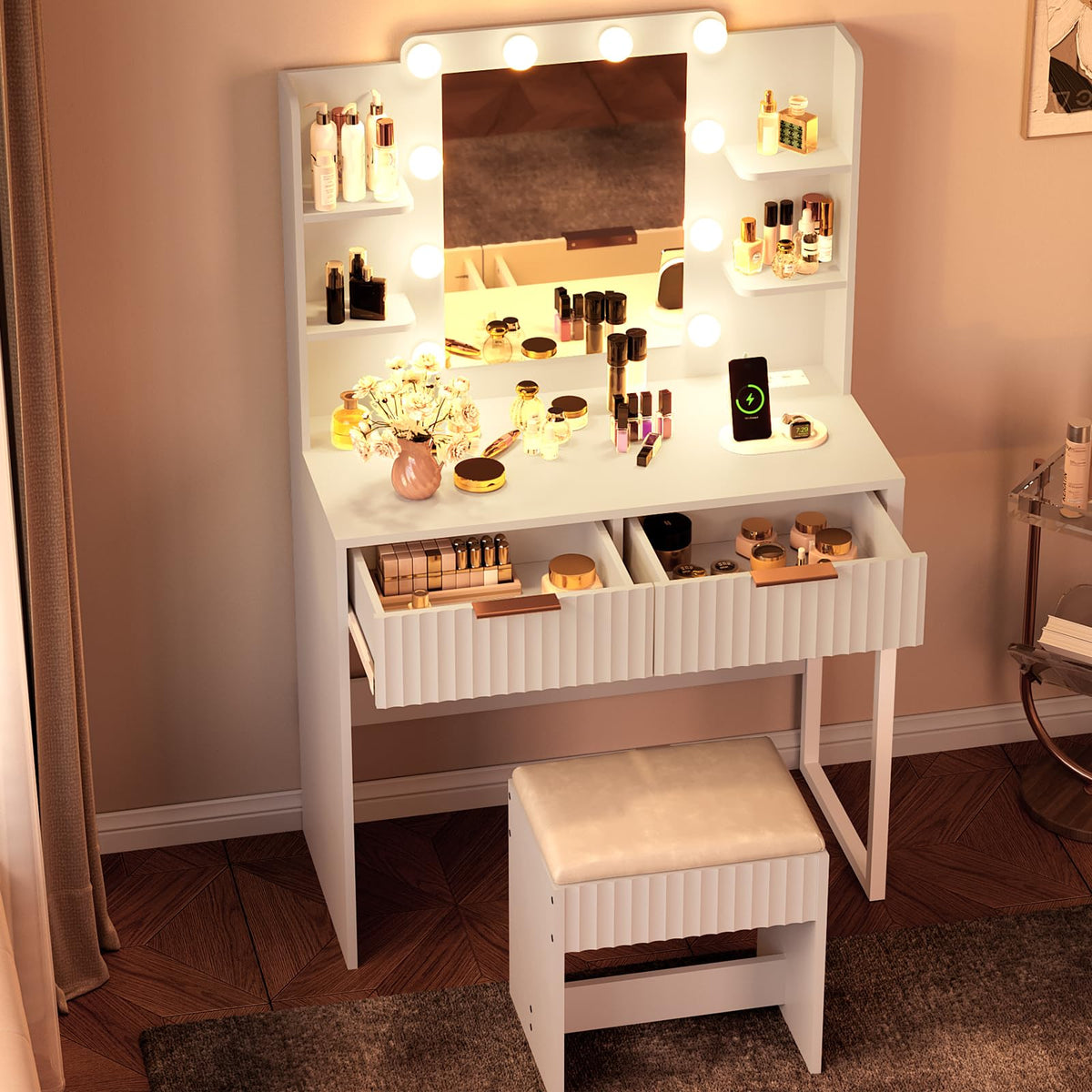 VINGLI Fluted Makeup Vanity Desk with Mirror and Lights and Stools, Small Vanity Table with Bench Chair & 2 Drawers & 4 Storage Shelves, White Dressing Table Set for Girls Bedroom
