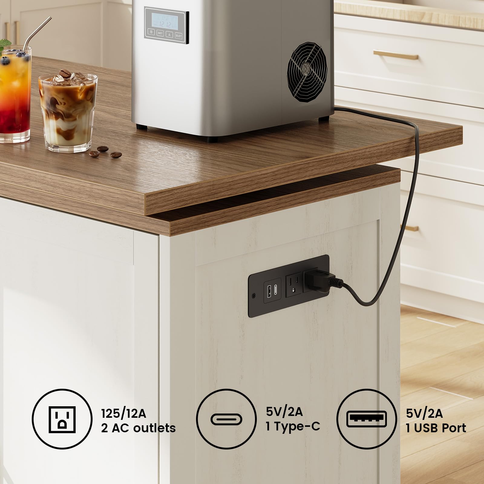 PIXOURA 72" Rolling Kitchen Island Cart with 360° Swivel Tabletop & Power Outlet, Farmhouse Mobile Kitchen Island Storage Cabinet on Wheels with Drawers, Spice Rack for Dining Room,Home Bar,White