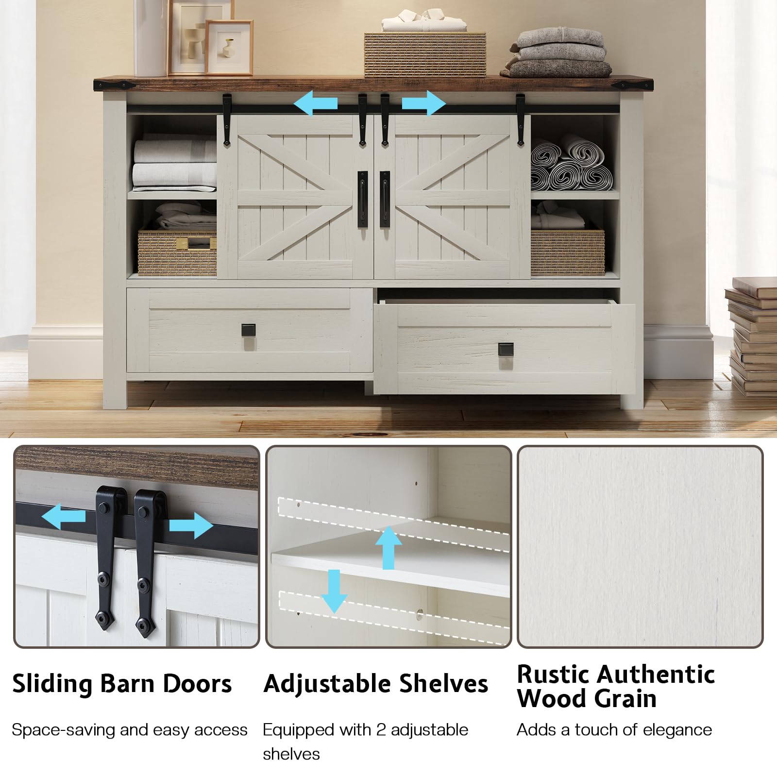 LUXOAK 3 Pieces Bedroom Set - Includes 60" Farmhouse Dresser, 48" Chest of Drawers with Sliding Barn Doors, 48" Tall Storage Cabinet with 5 Drawers, Rustic White