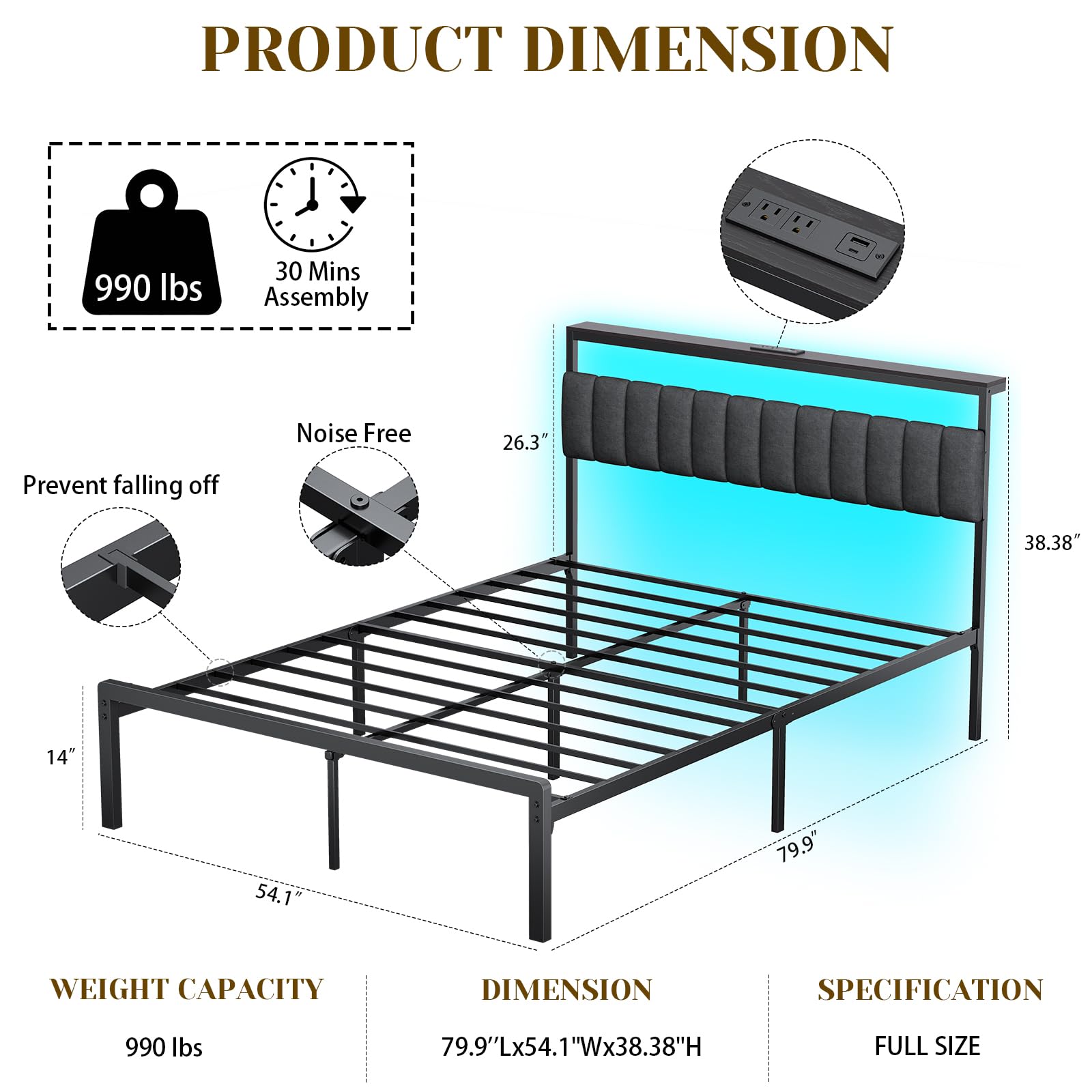Woanke Full Bed Frame with Headboard, Sturdy Metal Bed Frame with Led Light&Charging Station, Bed Frame Full Size Noise-Free/AssemblyEasily, Double Bed Frame for Individual, Black Full Size Bed Frame