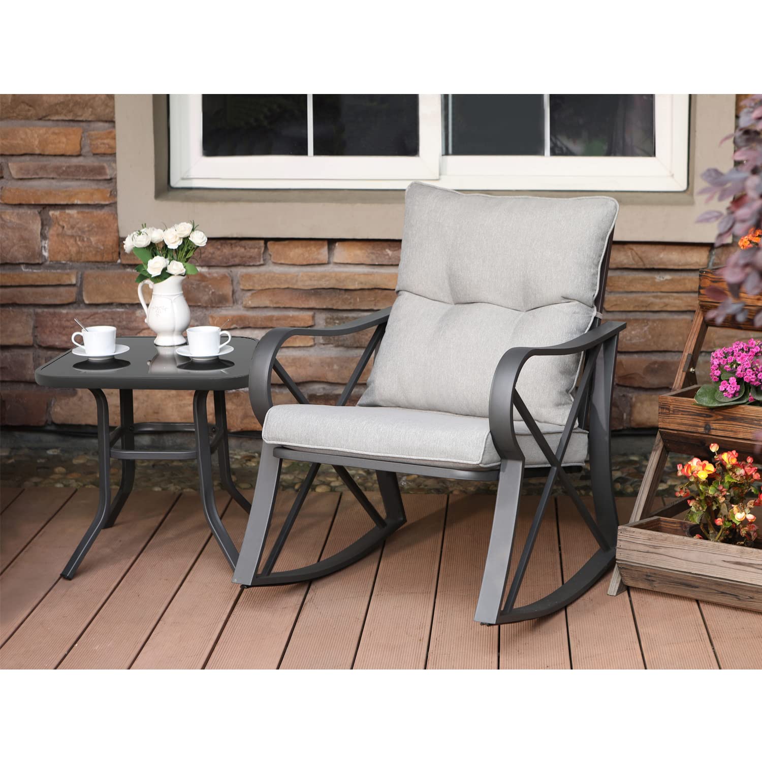 3-Piece Outdoor Rocking Bistro Set with Cushions & Glass-Top Table