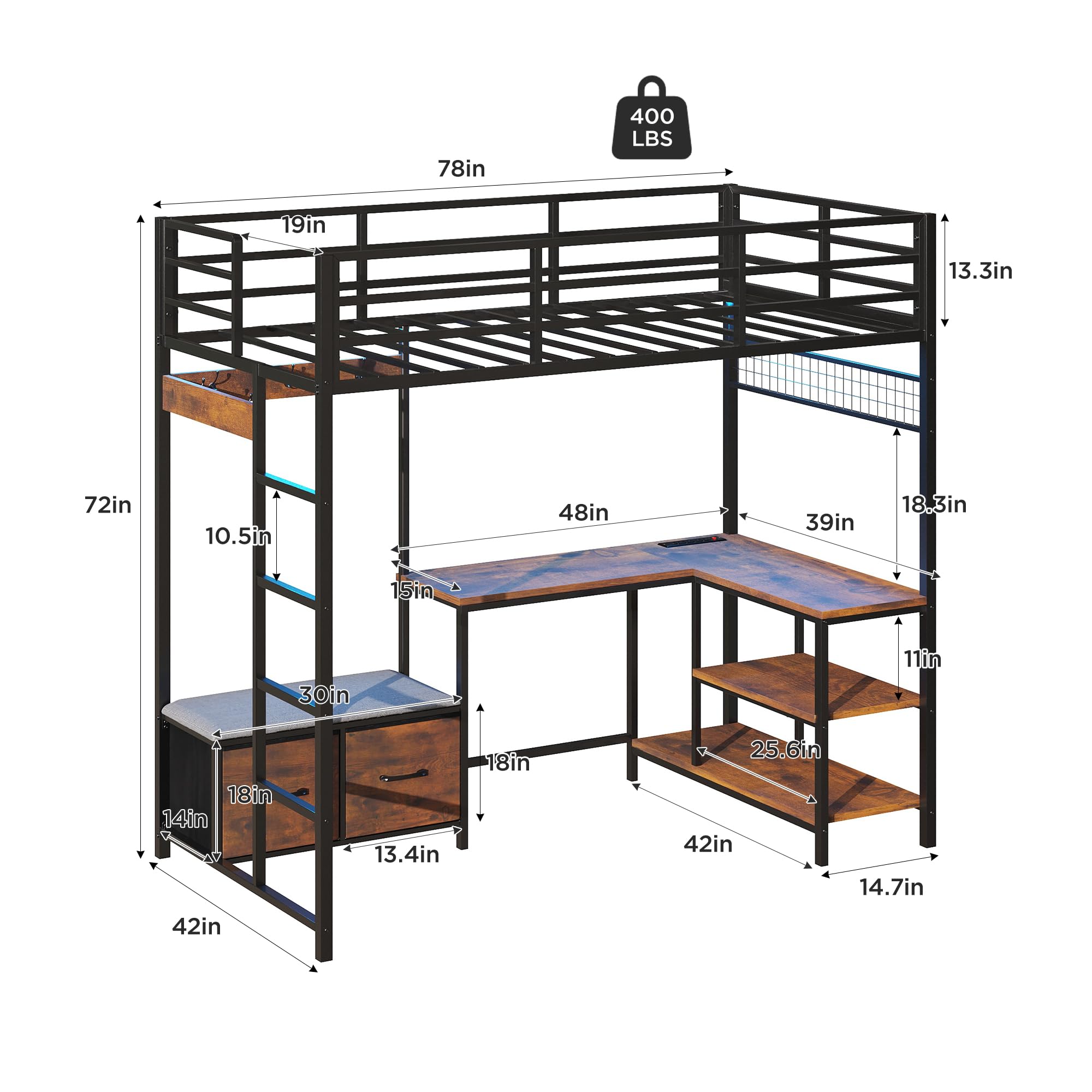 Vabches Twin Loft Bed with L-Shaped Desk,LED Lights,Charging Station,Metal Kids Loft Bed Twin Size with Storage Drawers,Coat Rack,Safety Guardrail & Ladder for Teen,Rustic Brown