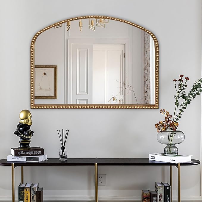 Gold Arch Full Length Wall Mirror with Antique Beaded Frame
